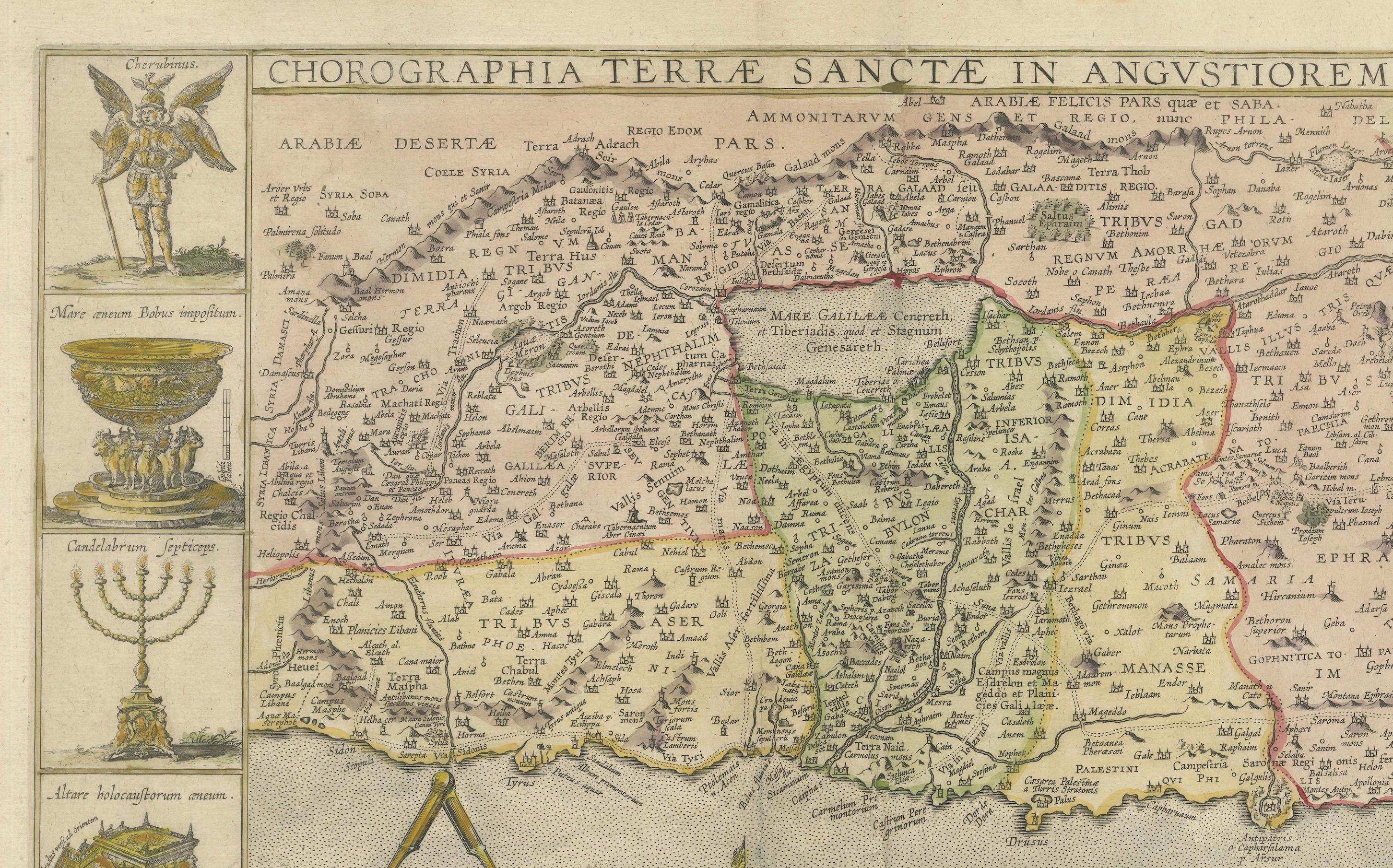 Milieu du XVIIe siècle Carte décorative de la Terre Sainte, inserts de Jérusalem et artefacts bibliques de 1632 en vente