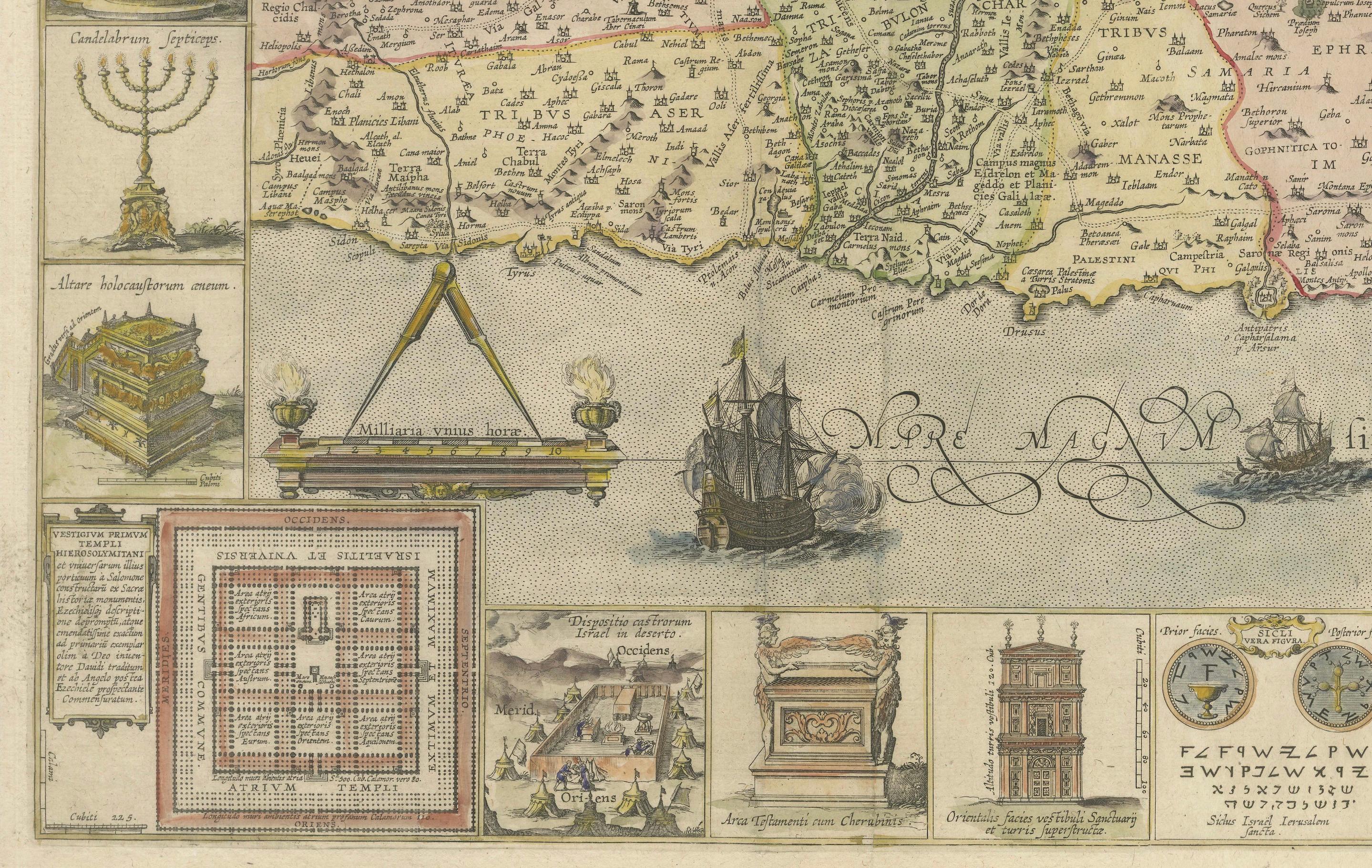 Papier Carte décorative de la Terre Sainte, inserts de Jérusalem et artefacts bibliques de 1632 en vente