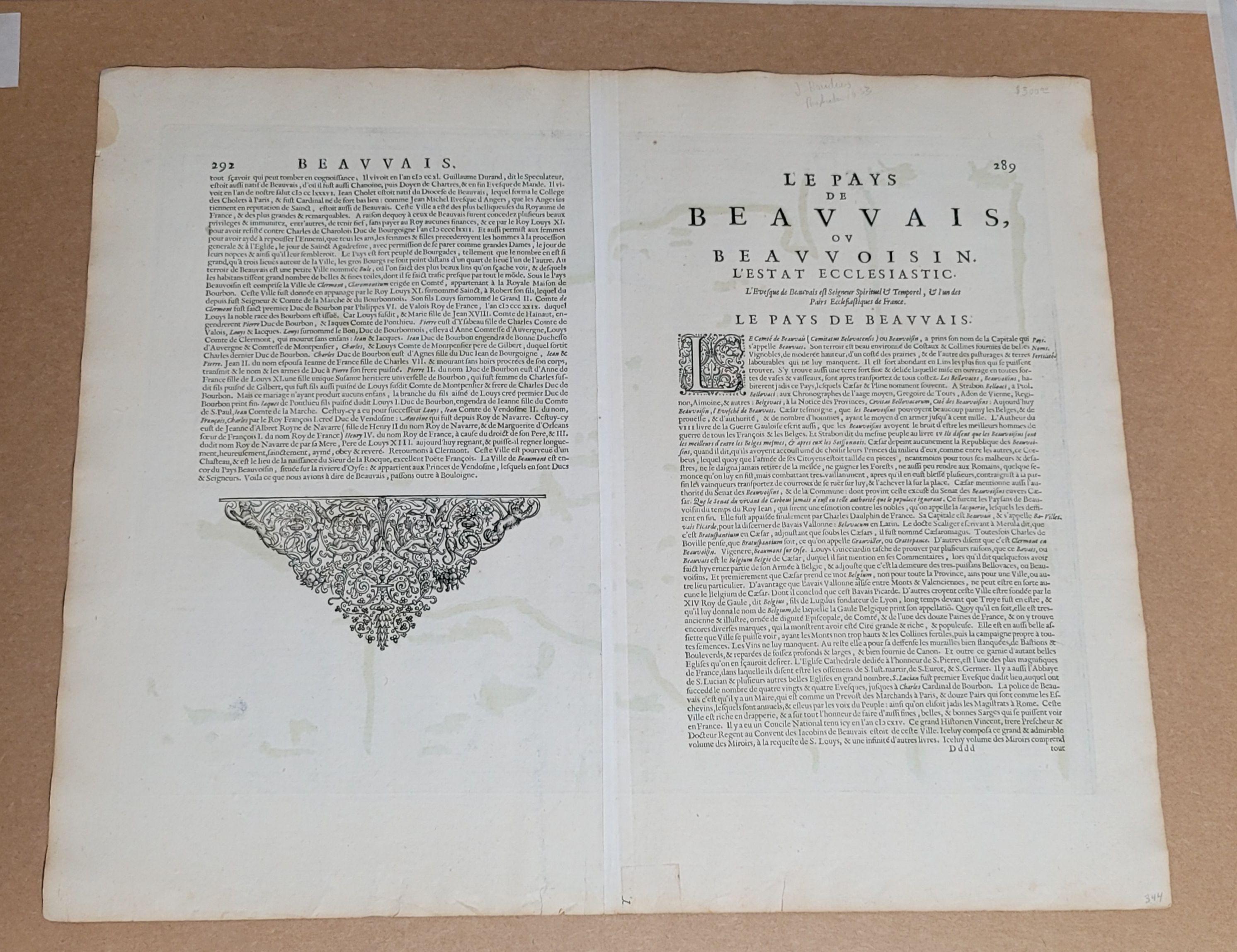 Papier Carte 1633 intitulée « Beauvaisis Comitatus Belova Cium, Ric.0002 » en vente