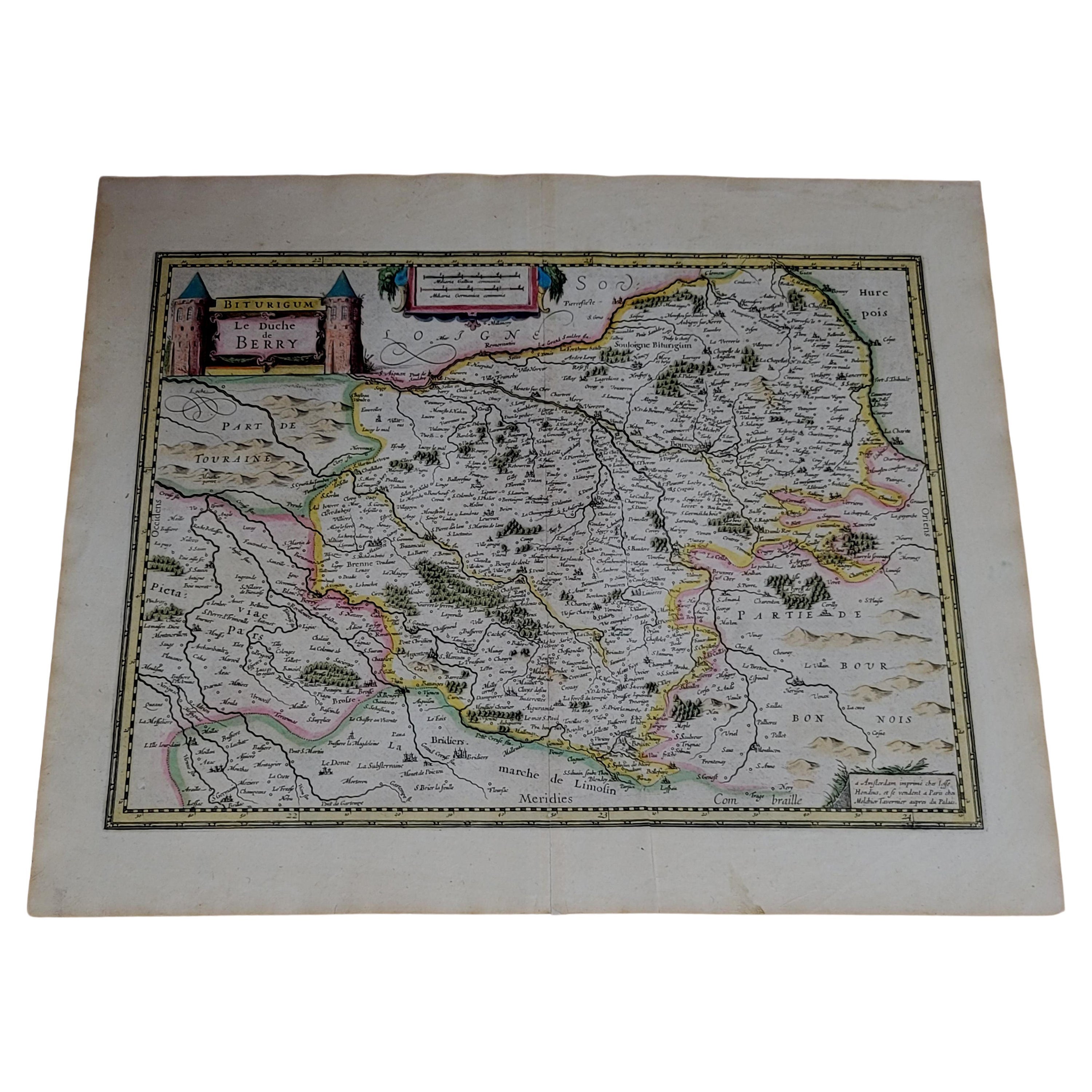 Mappa del 1633, intitolata "La Douche De Berry", originale colorata a mano Ric.0005