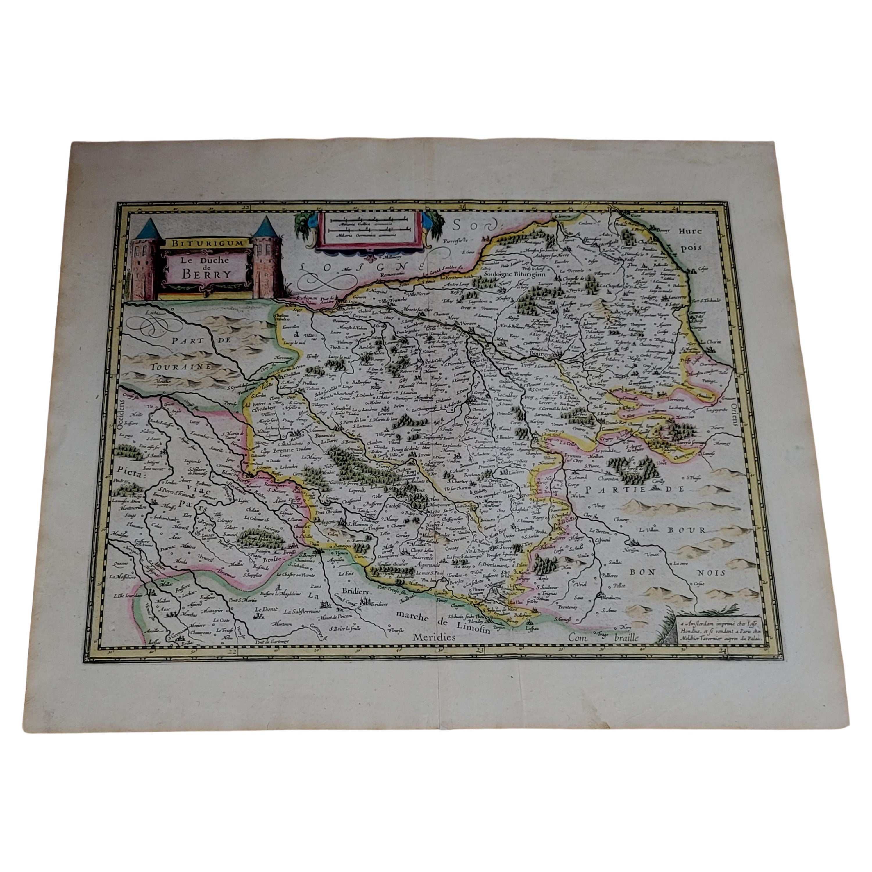 Mappa del 1633, intitolata "La douche de Berry", originale colorata a mano Ric.0005 in vendita