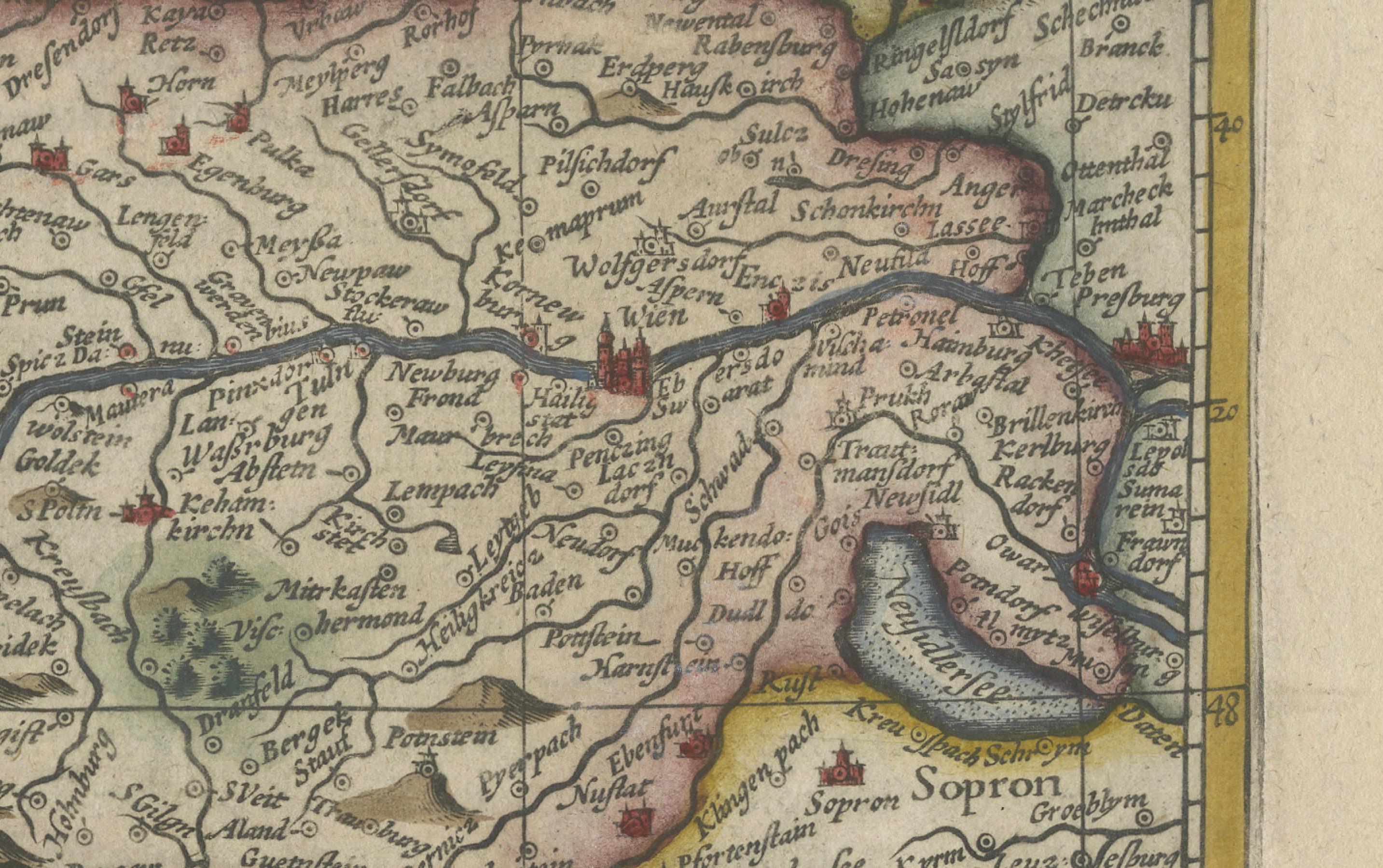 1634 Mercator/Jansson-Karte: Ostösterreich mit Wien, handkoloriert (Mitte 17. Jahrhundert) im Angebot