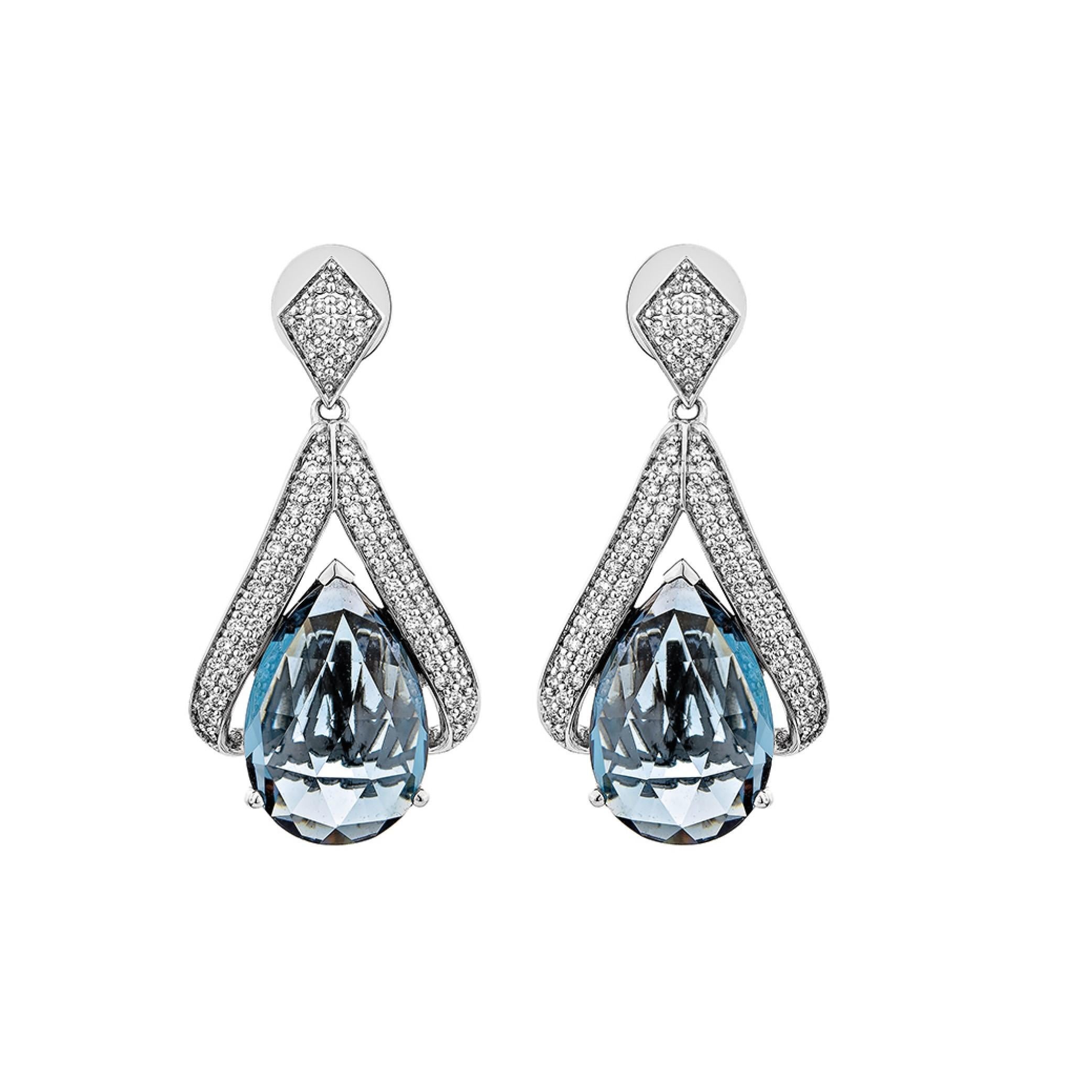 Contemporary 16.345 Carat London Blue Topaz Drop Earring in 18KWG with White Diamond. For Sale