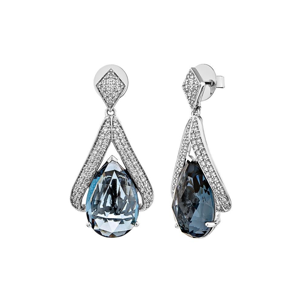 Pear Cut 16.345 Carat London Blue Topaz Drop Earring in 18KWG with White Diamond. For Sale