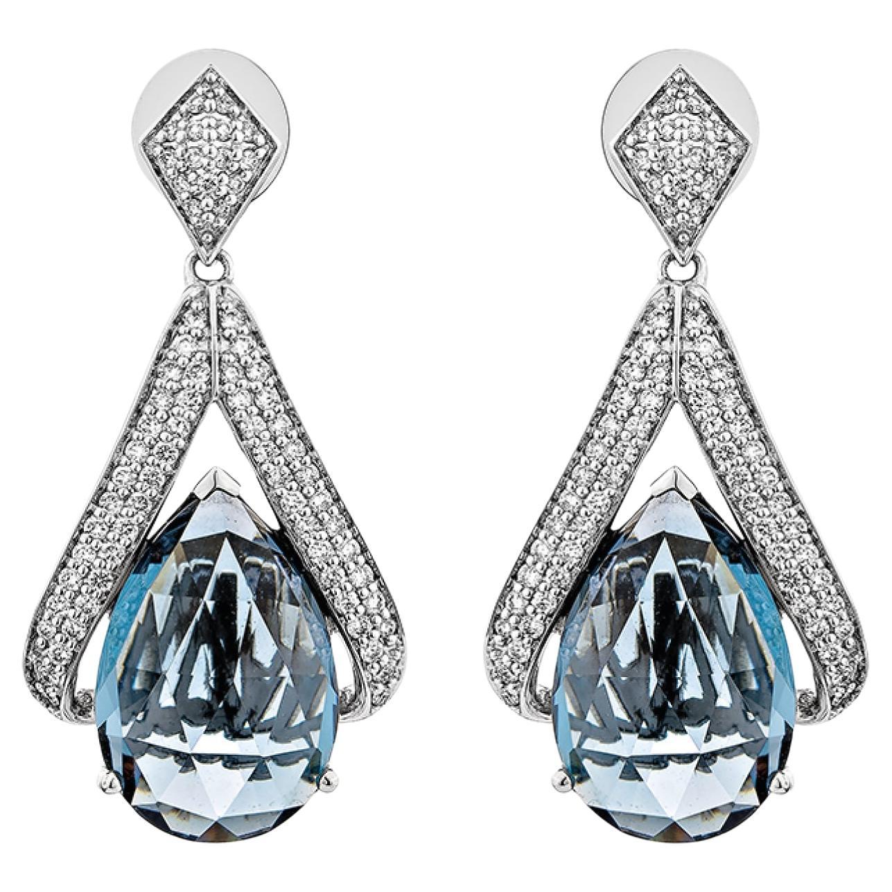 16.345 Carat London Blue Topaz Drop Earring in 18KWG with White Diamond. For Sale