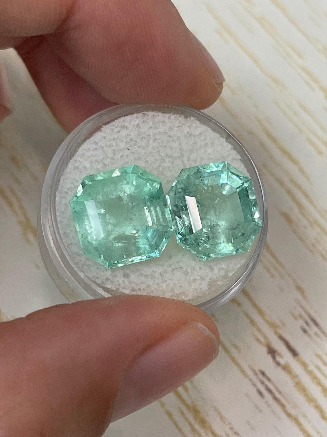 Modern 16.34tcw 12.2x12 Matching Light Green Colombian Emeralds - Asscher Cut Rare May For Sale