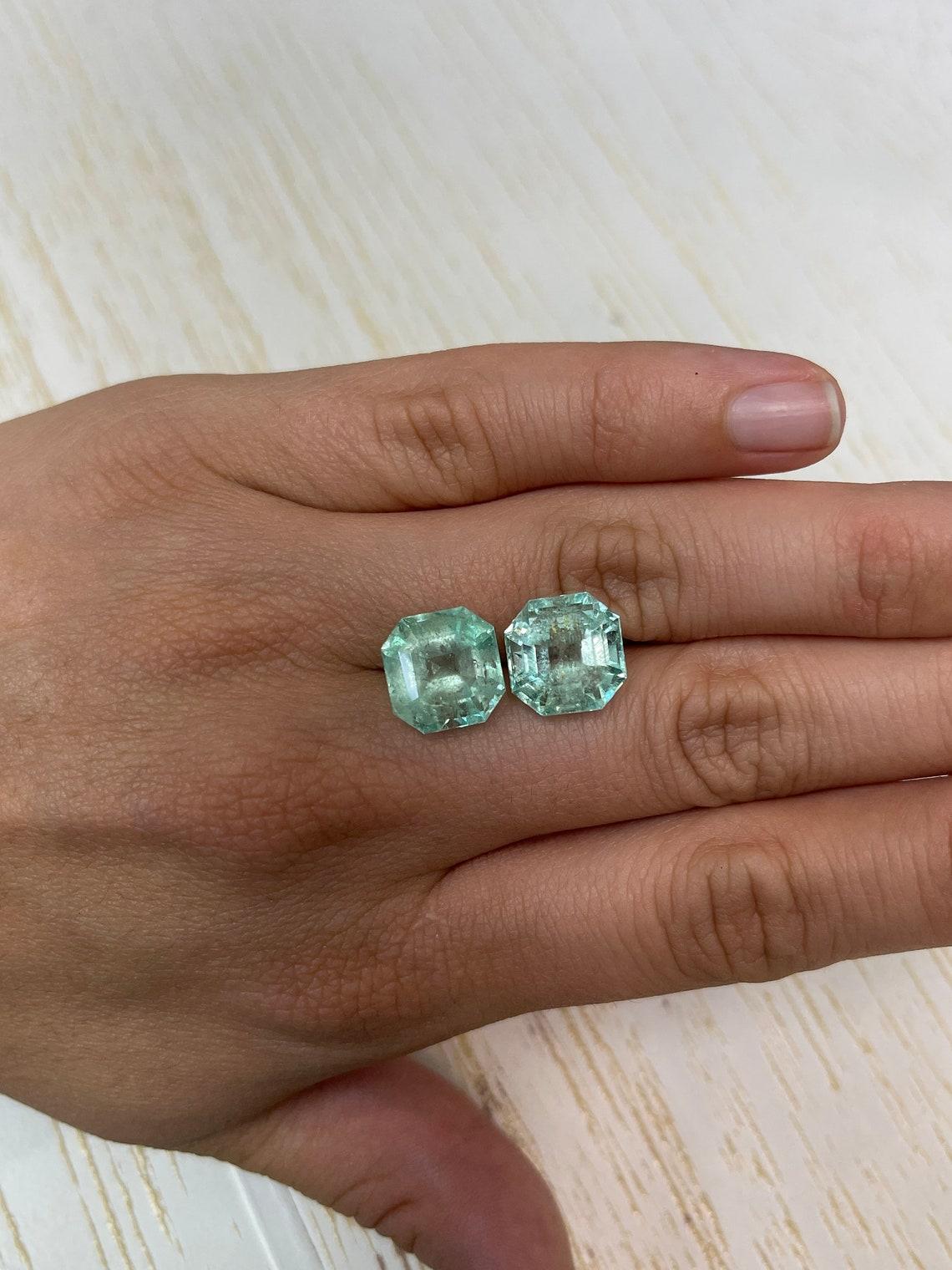 16.34tcw 12.2x12 Matching Light Green Colombian Emeralds - Asscher Cut Rare May For Sale 2