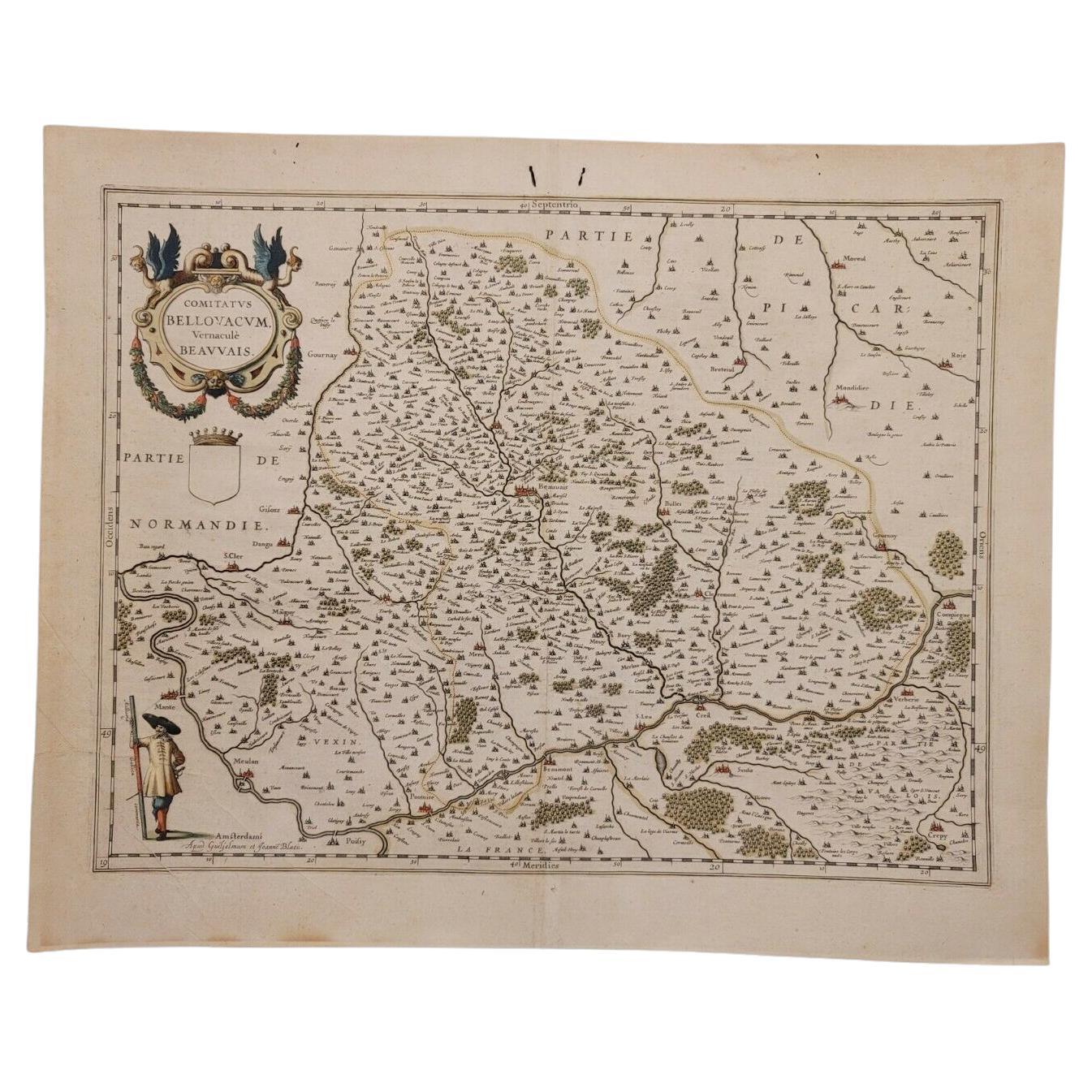 1635 Willem Blaeu Map of Northern France"Comitatvs Bellovacvm" Ric.a08 For Sale