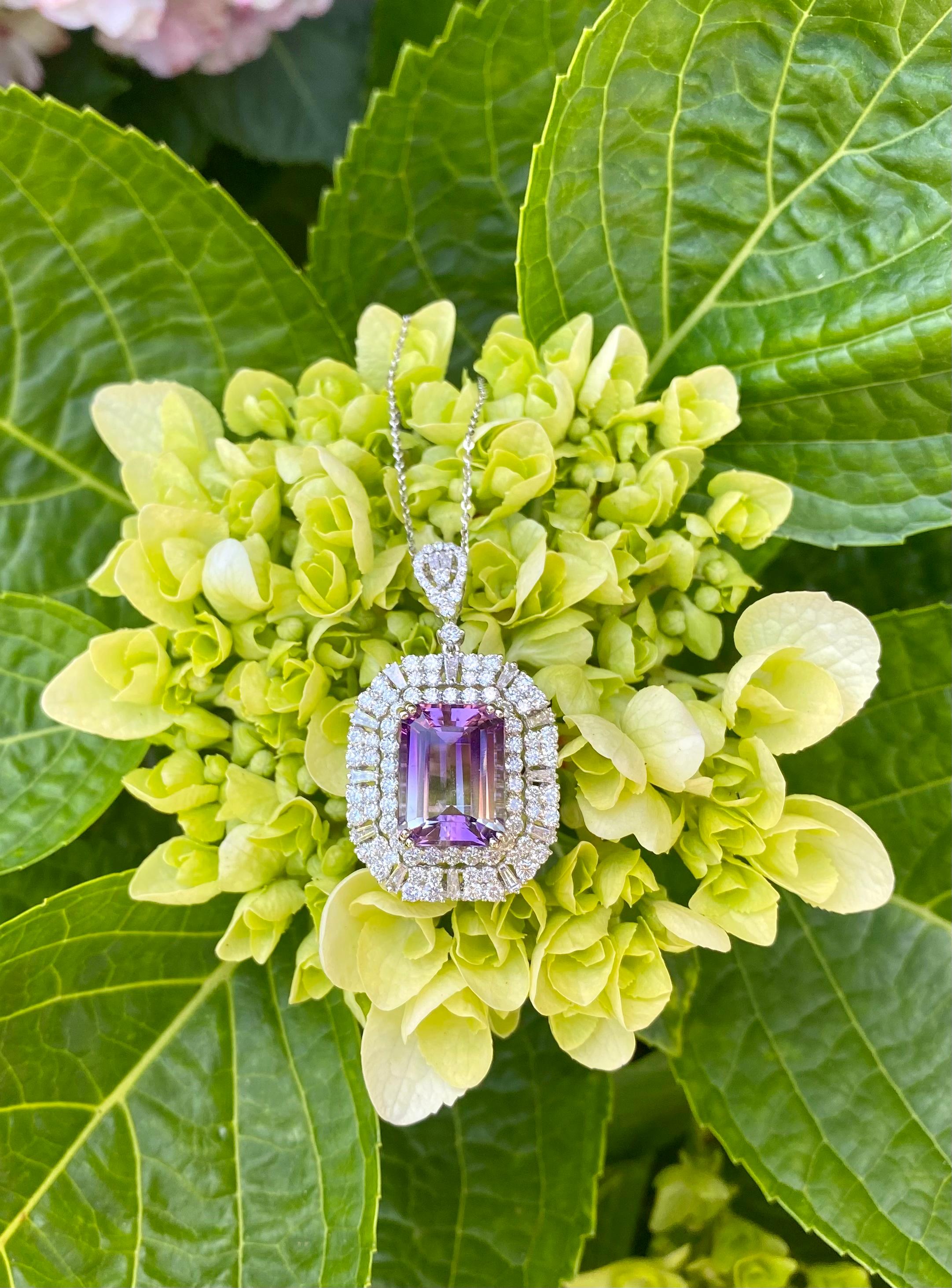 Emerald Cut 16.36 Carat Bi-Color Amethyst and Diamond 18k White Gold Pendant Necklace