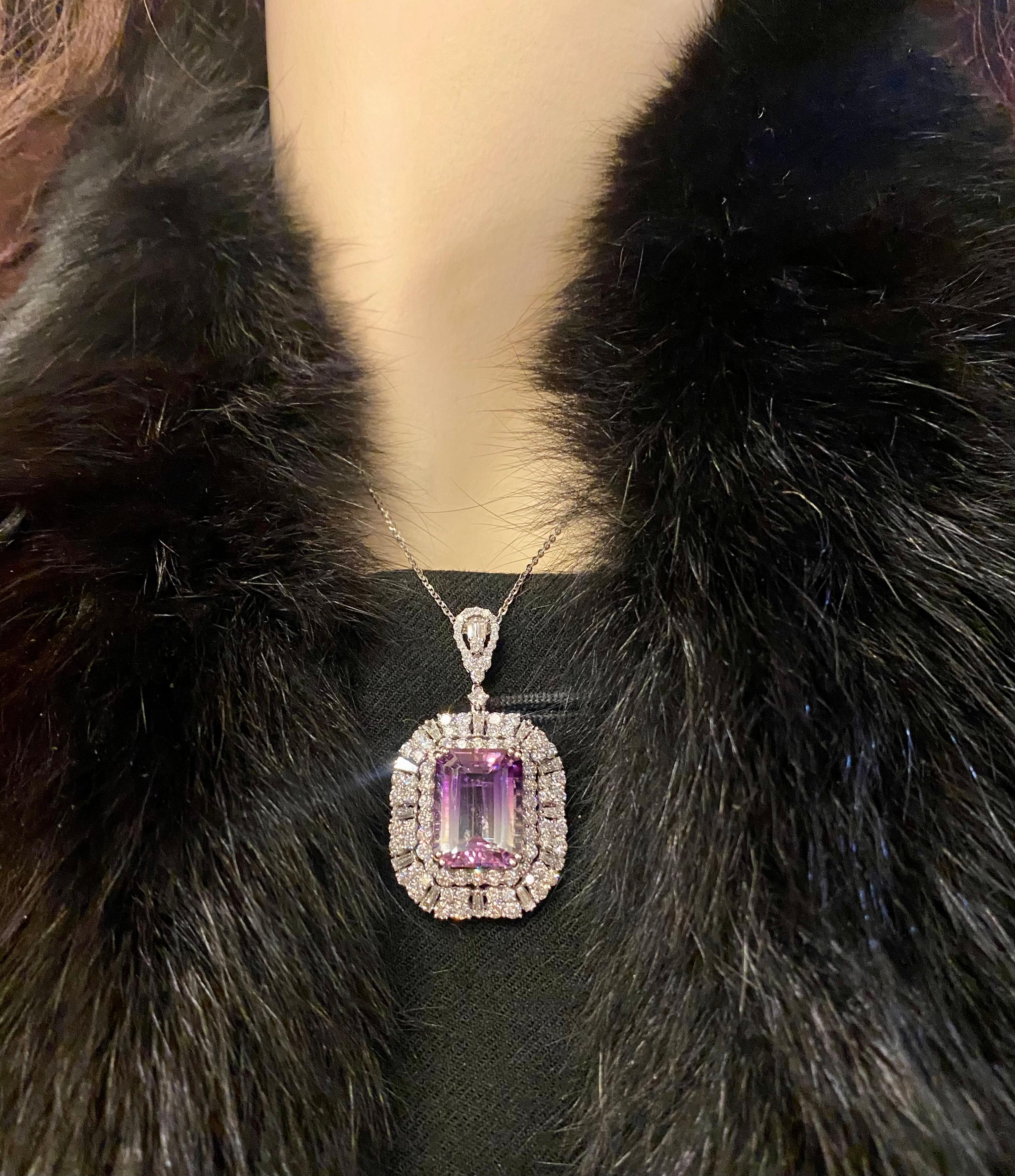 16.36 Carat Bi-Color Amethyst and Diamond 18k White Gold Pendant Necklace In Excellent Condition In Tustin, CA