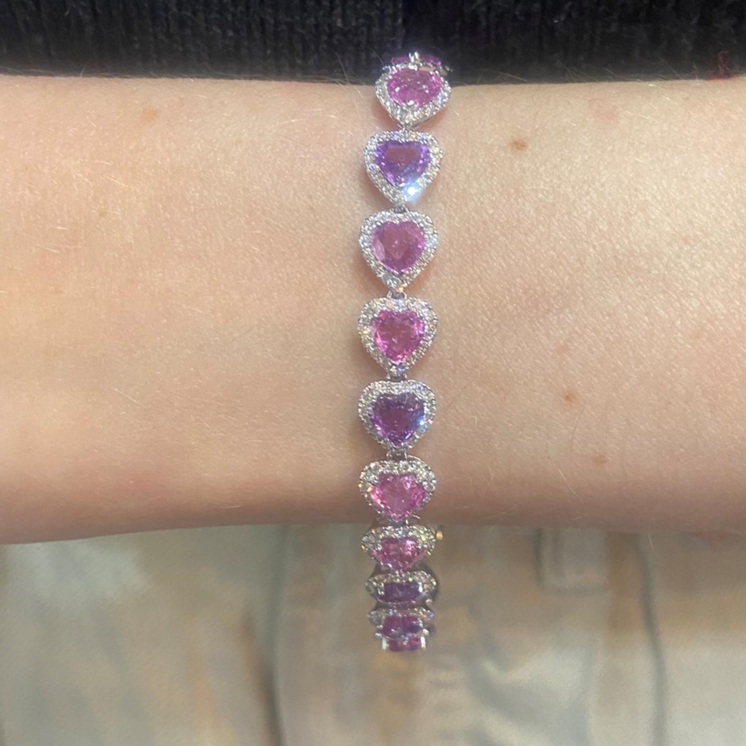 Modern 16.37ct Pink & Purple Heart Shape Sapphire & Round Diamond Bracelet in 18KT Gold For Sale