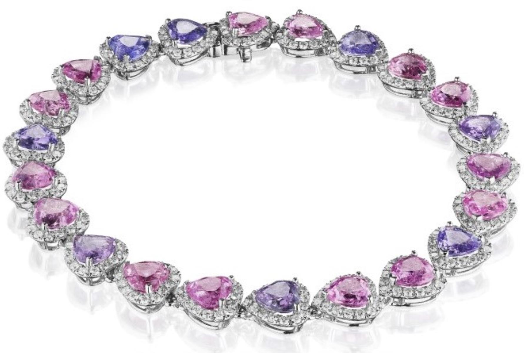Heart Cut 16.37ct Pink & Purple Heart Shape Sapphire & Round Diamond Bracelet in 18KT Gold For Sale