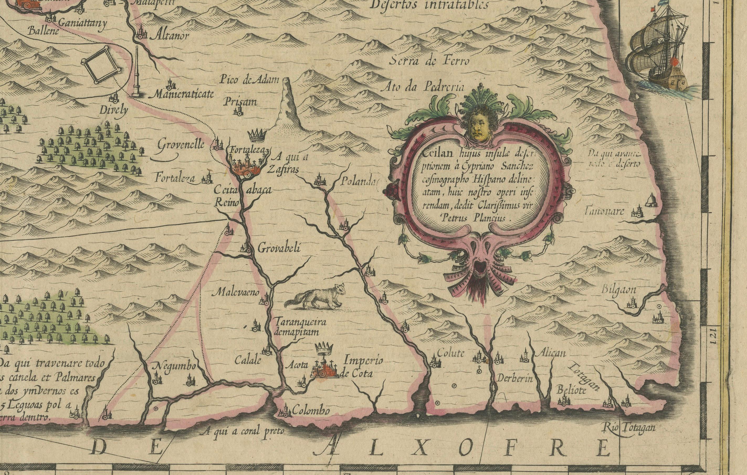 Gravé Carte détaillée du Sri Lanka ou du Ceylan avec cartouches décoratifs Plancius, 1638 en vente