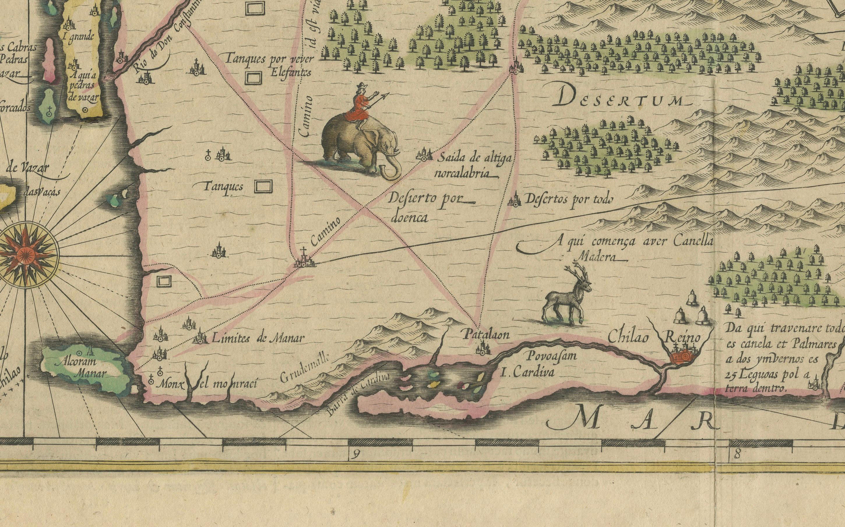 Carte détaillée du Sri Lanka ou du Ceylan avec cartouches décoratifs Plancius, 1638 Bon état - En vente à Langweer, NL
