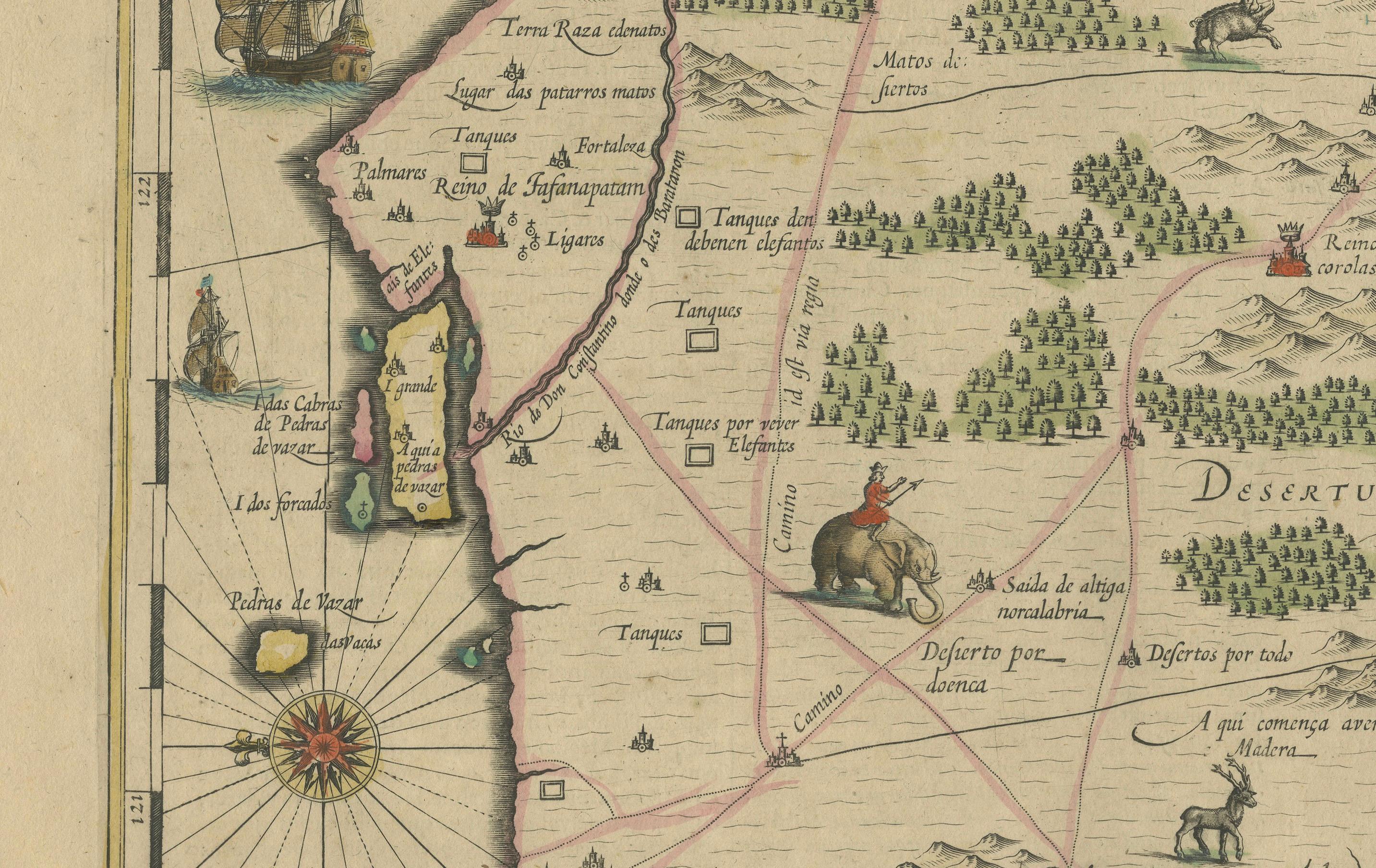 Milieu du XVIIe siècle Carte détaillée du Sri Lanka ou du Ceylan avec cartouches décoratifs Plancius, 1638 en vente