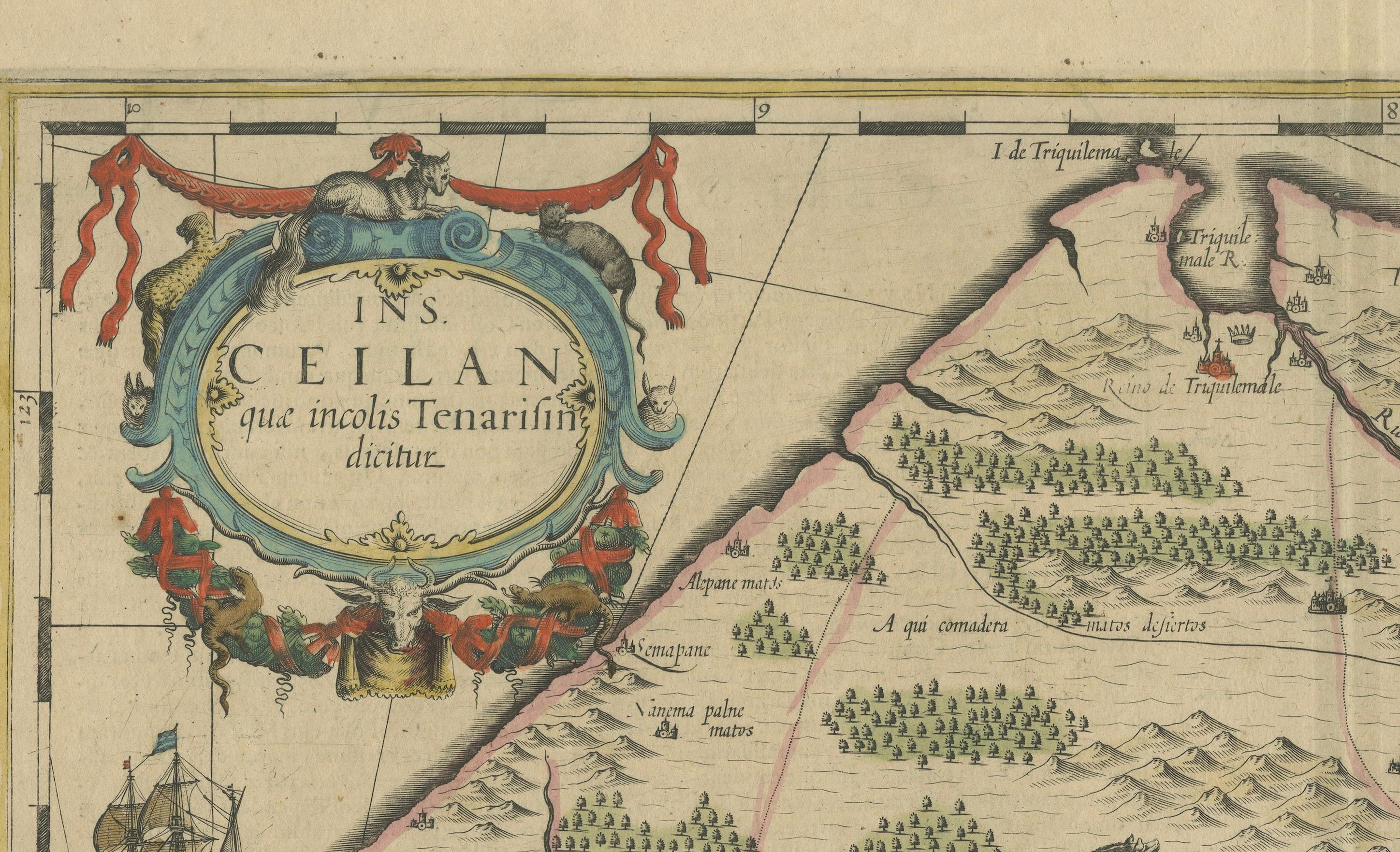 Papier Carte détaillée du Sri Lanka ou du Ceylan avec cartouches décoratifs Plancius, 1638 en vente