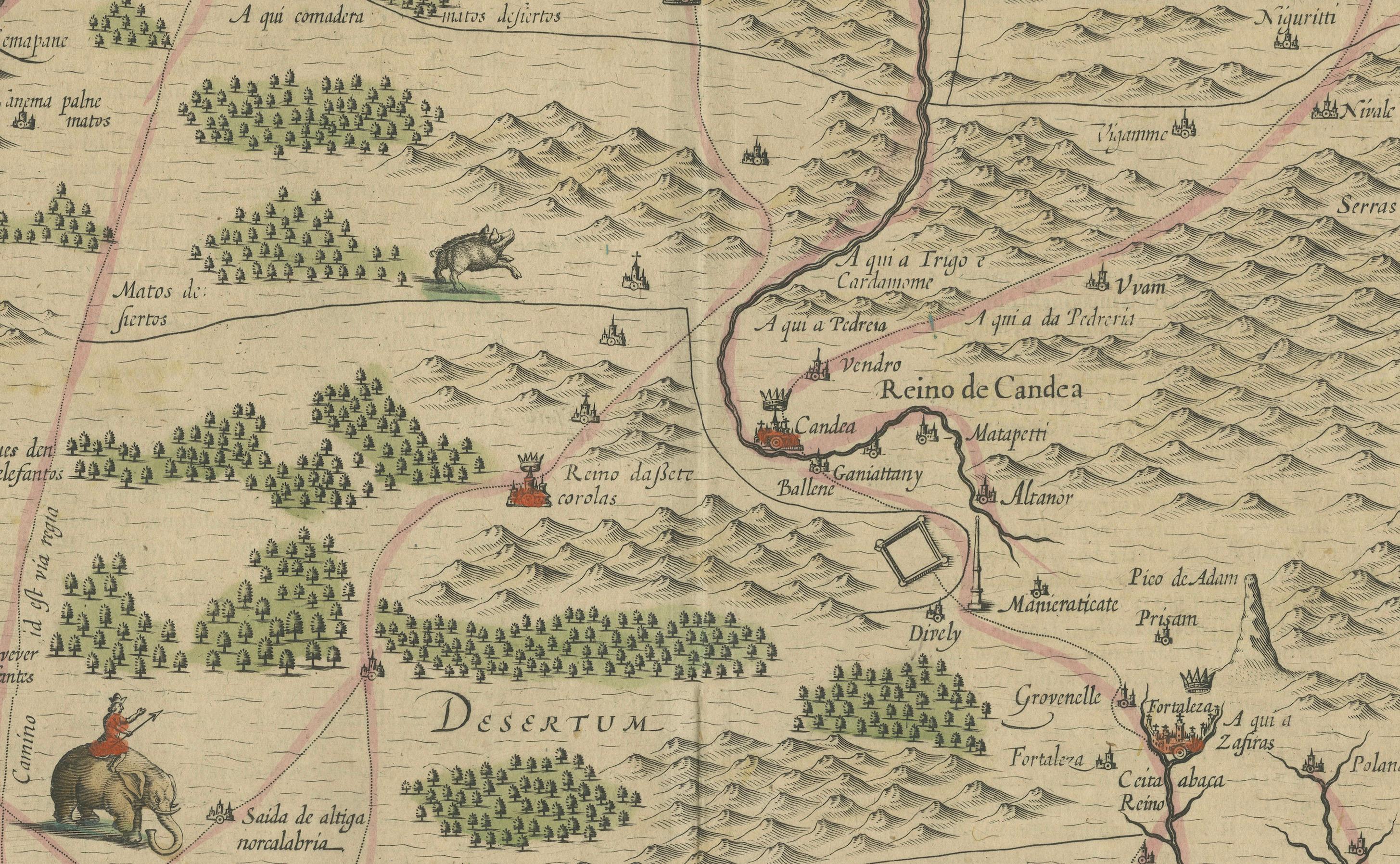 Carte détaillée du Sri Lanka ou du Ceylan avec cartouches décoratifs Plancius, 1638 en vente 1