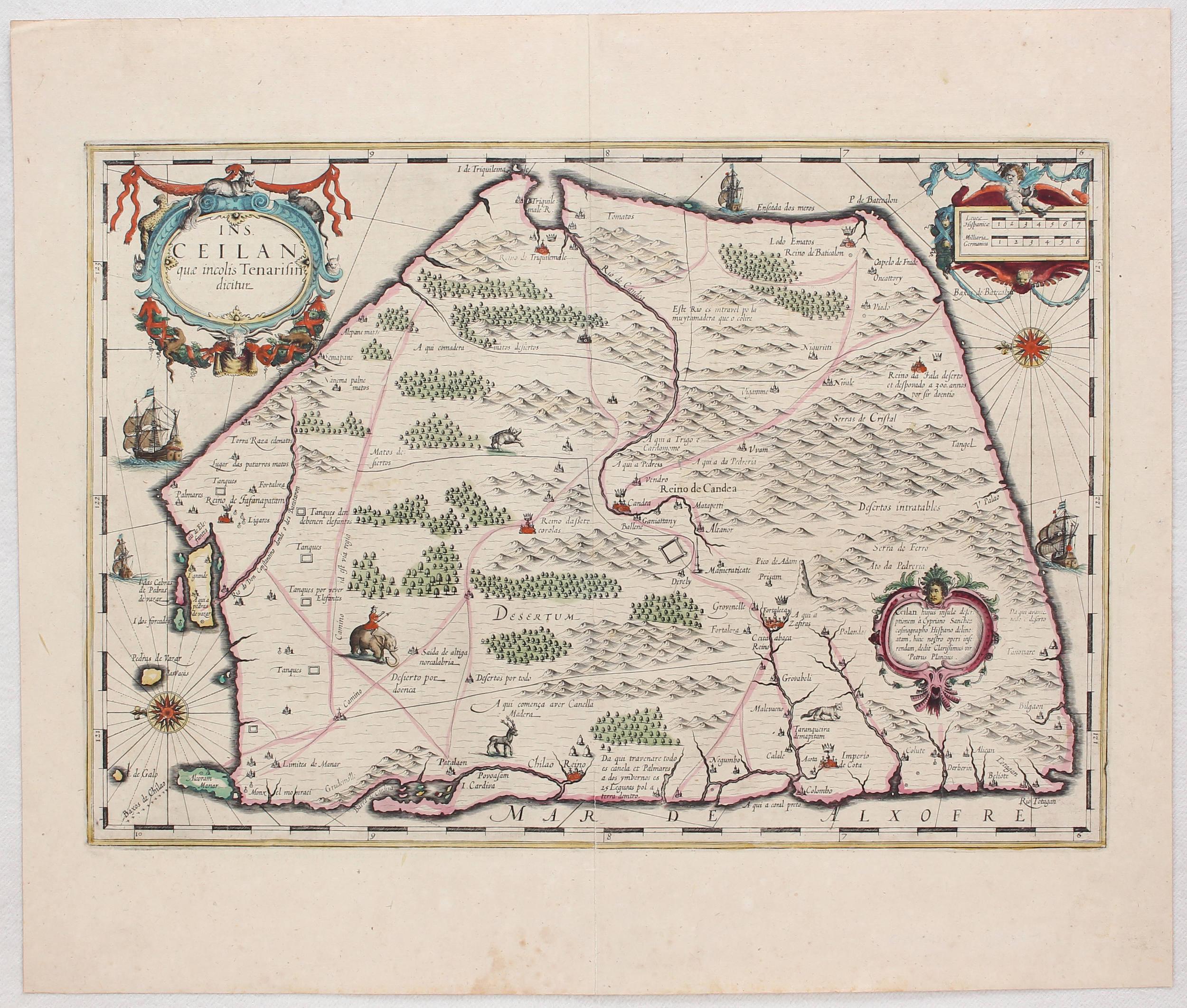 Carte détaillée du Sri Lanka ou du Ceylan avec cartouches décoratifs Plancius, 1638 en vente 2