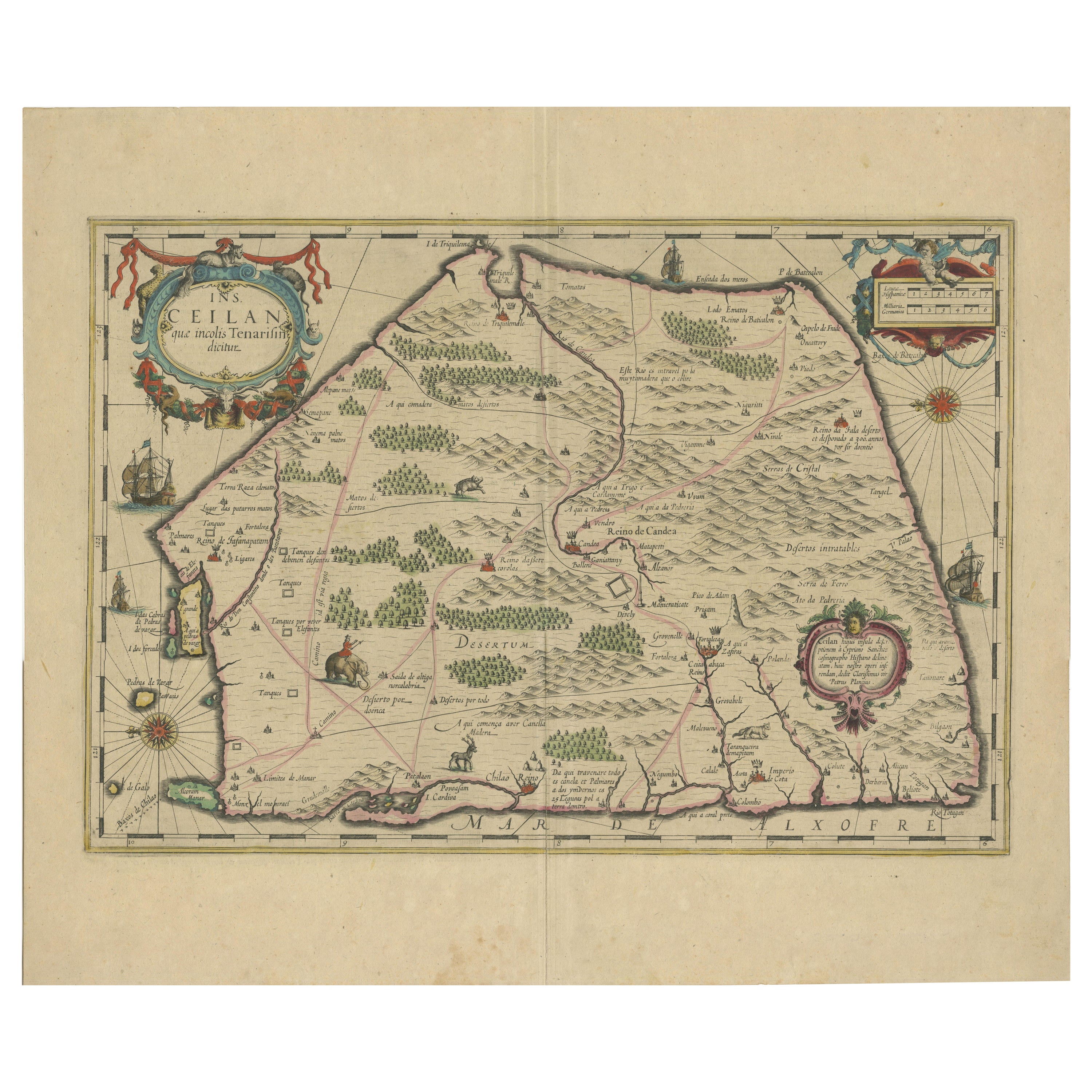 1638 Plancius Mappa dettagliata dello Sri Lanka o Ceylon con cartigli decorativi