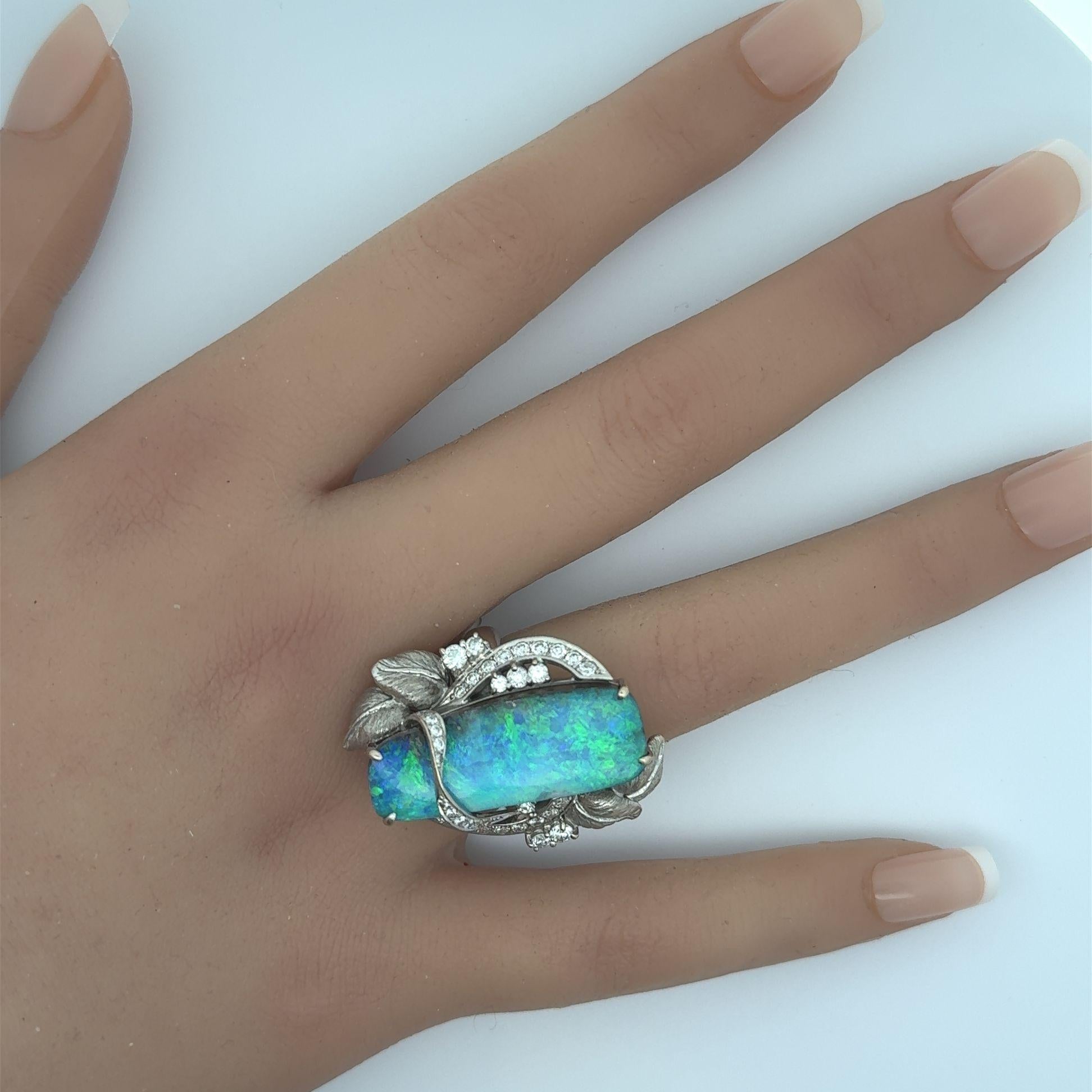 Brilliant Cut 16.39 Carat Australian Boulder Opal Diamond Platinum Floral Cocktail Ring For Sale