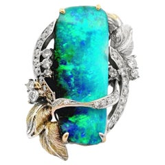 16.39 Carat Australian Boulder Opal Diamond Platinum Floral Cocktail Ring