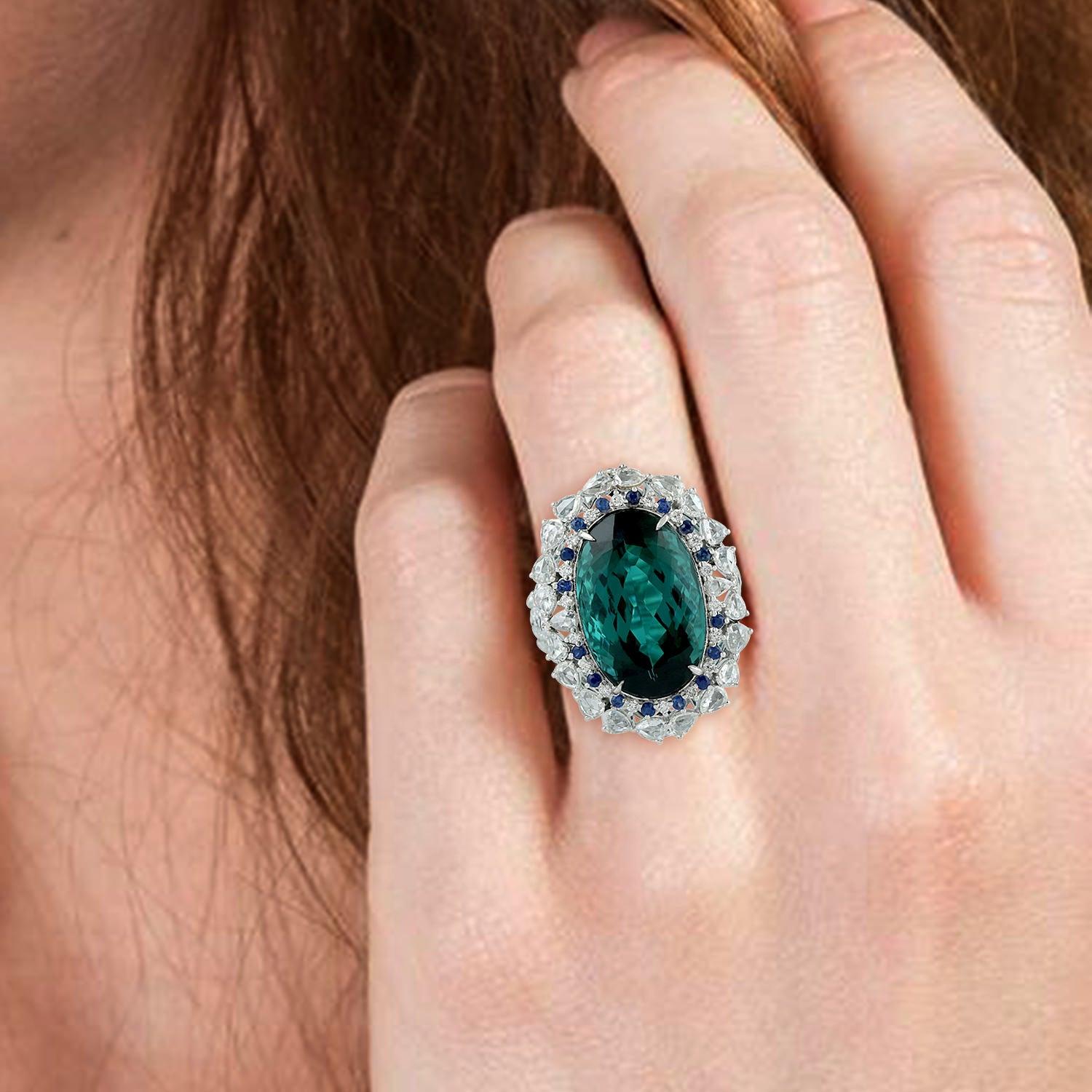 For Sale:  16.39 Carat Green Tourmaline Diamond 18 Karat Gold Ring 2