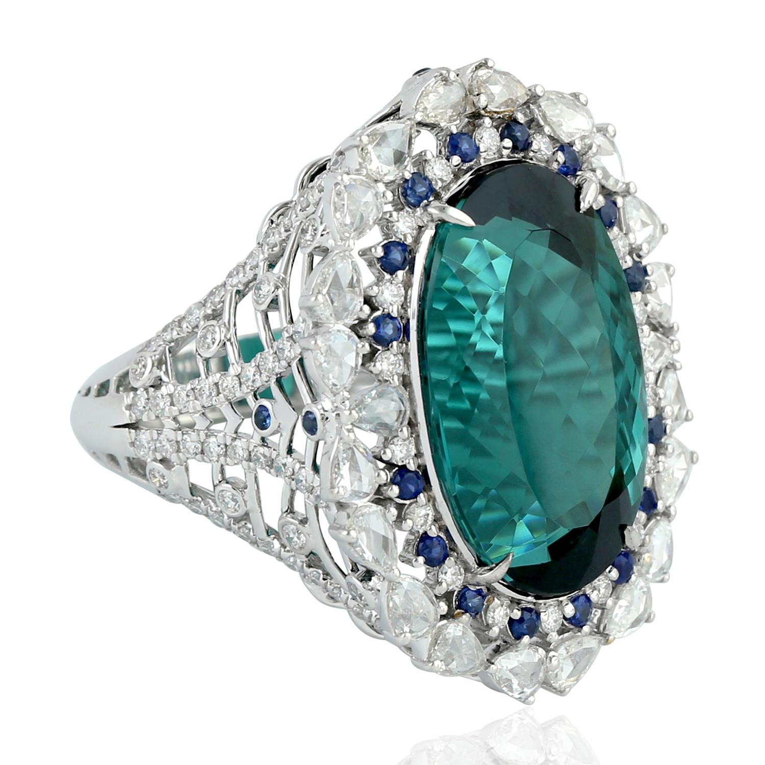 Art Deco 16.39ct Mint Green Tourmaline Cocktail Ring With Sapphire & Diamonds In 18k Gold For Sale