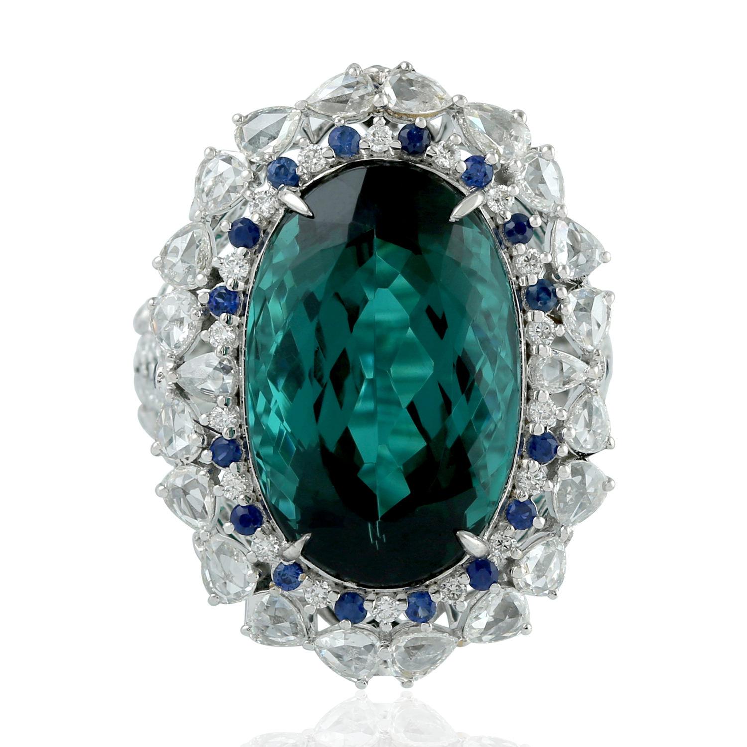 Women's 16.39ct Mint Green Tourmaline Cocktail Ring With Sapphire & Diamonds In 18k Gold For Sale
