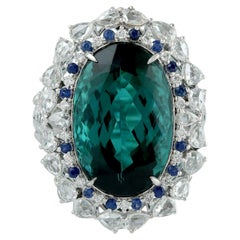 16.39ct Green Tourmaline Cocktail Ring With Sapphire & Diamonds In 18k Gold