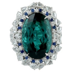 16.39ct Mint Green Tourmaline Cocktail Ring With Sapphire & Diamonds In 18k Gold