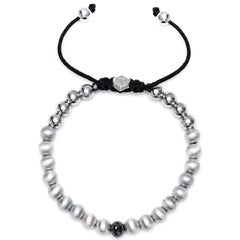 1.63 Carat Black Diamond Stainless Steel Silver Logo Macrame Bead Bracelet
