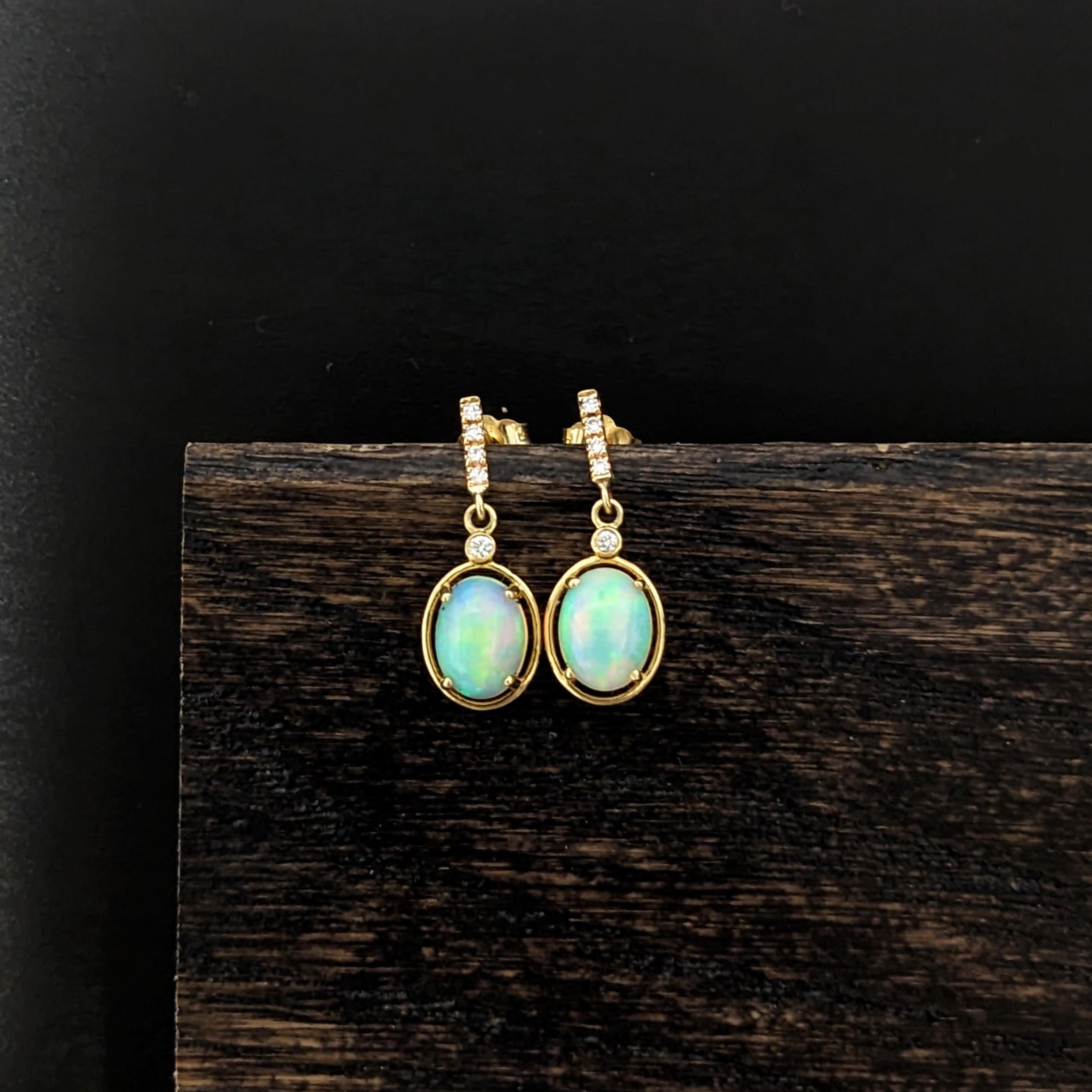 Lovely natural earth mined opal pear drop earrings in 14k gold with diamond accents. A latch backing makes for easy and comfortable wear.

Specifications

Item Type: Earrings
Center Stone: Opal
Treatment: None
Weight: 1.63ct (2)
Shape: