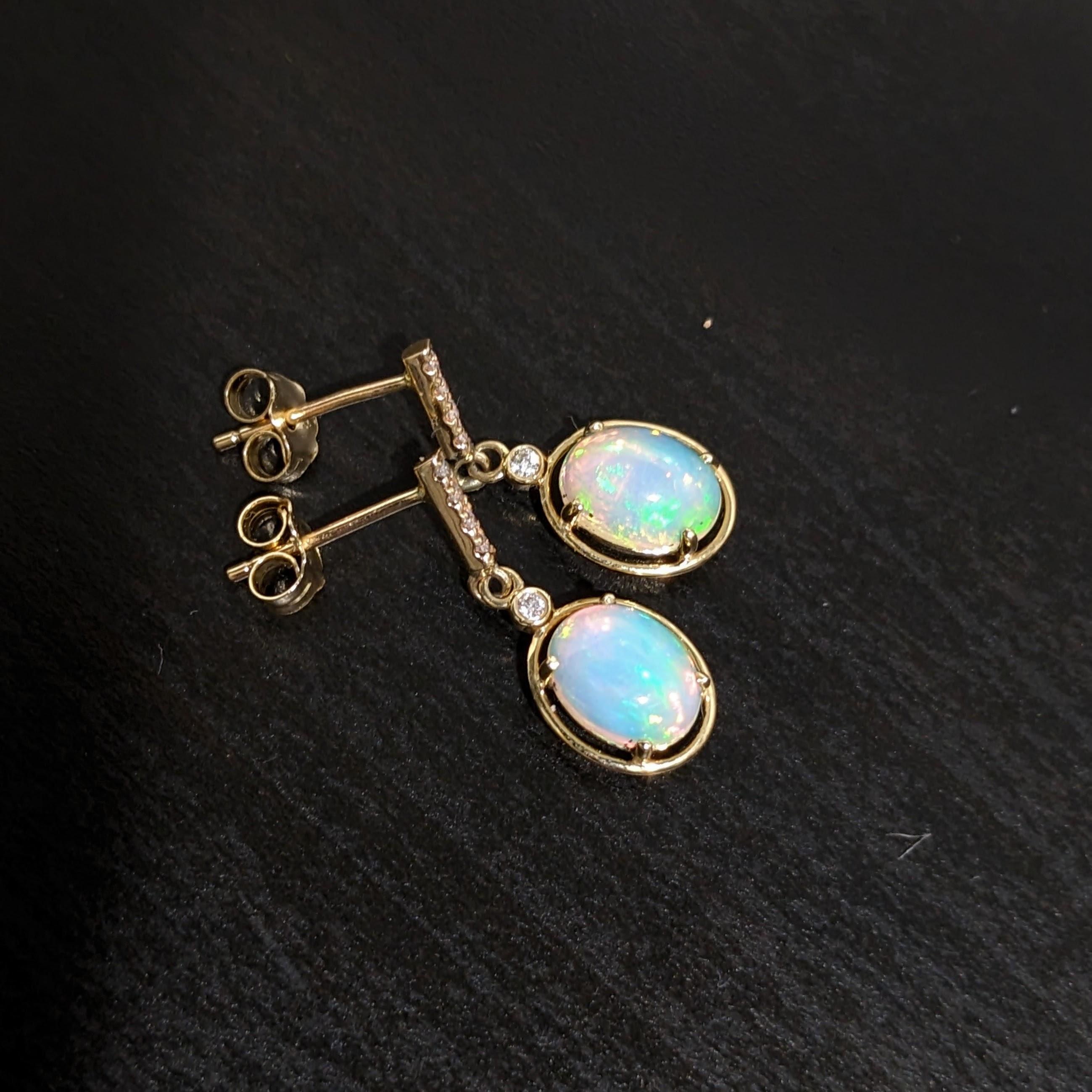 Oval Cut 1.63ct Dangly Opal Drops w Diamond Accents in 14k Solid Yellow Gold Oval 10x8mm
