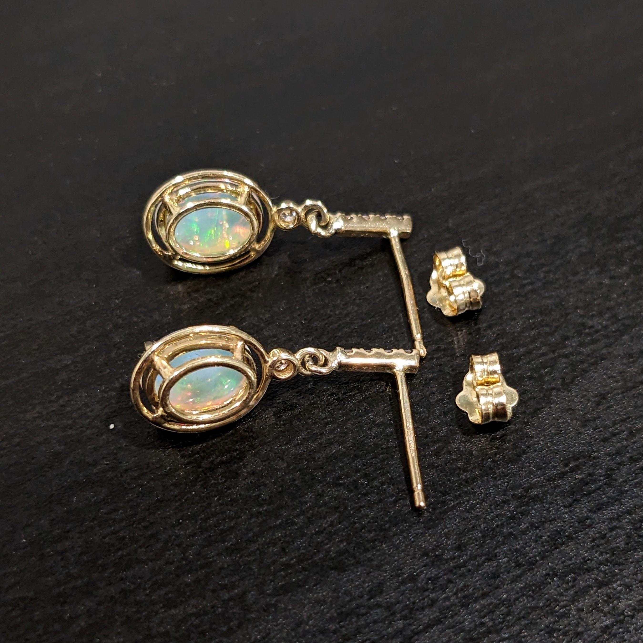 1.63ct Dangly Opal Drops w Diamond Accents in 14k Solid Yellow Gold Oval 10x8mm In New Condition In Columbus, OH