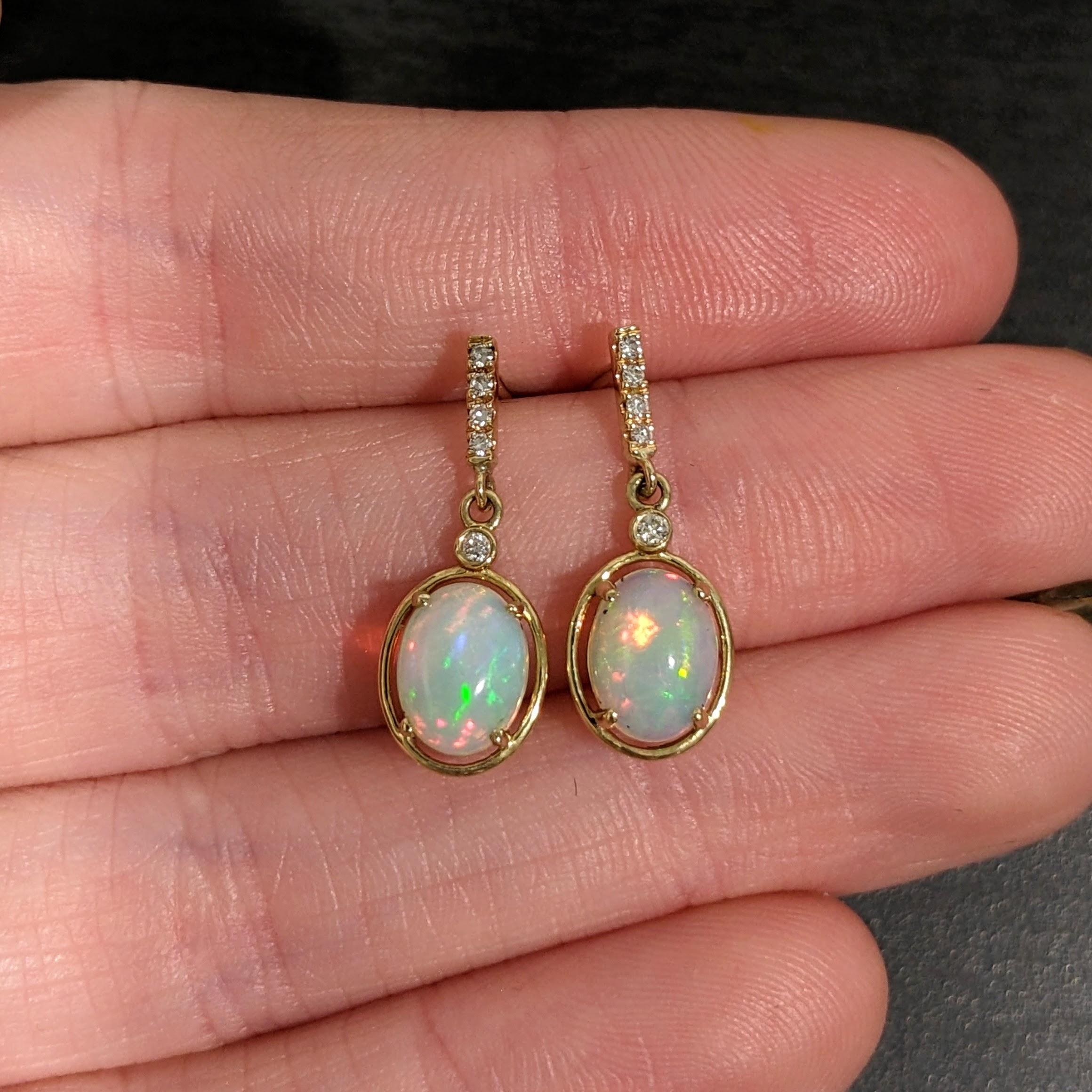 Women's 1.63ct Dangly Opal Drops w Diamond Accents in 14k Solid Yellow Gold Oval 10x8mm