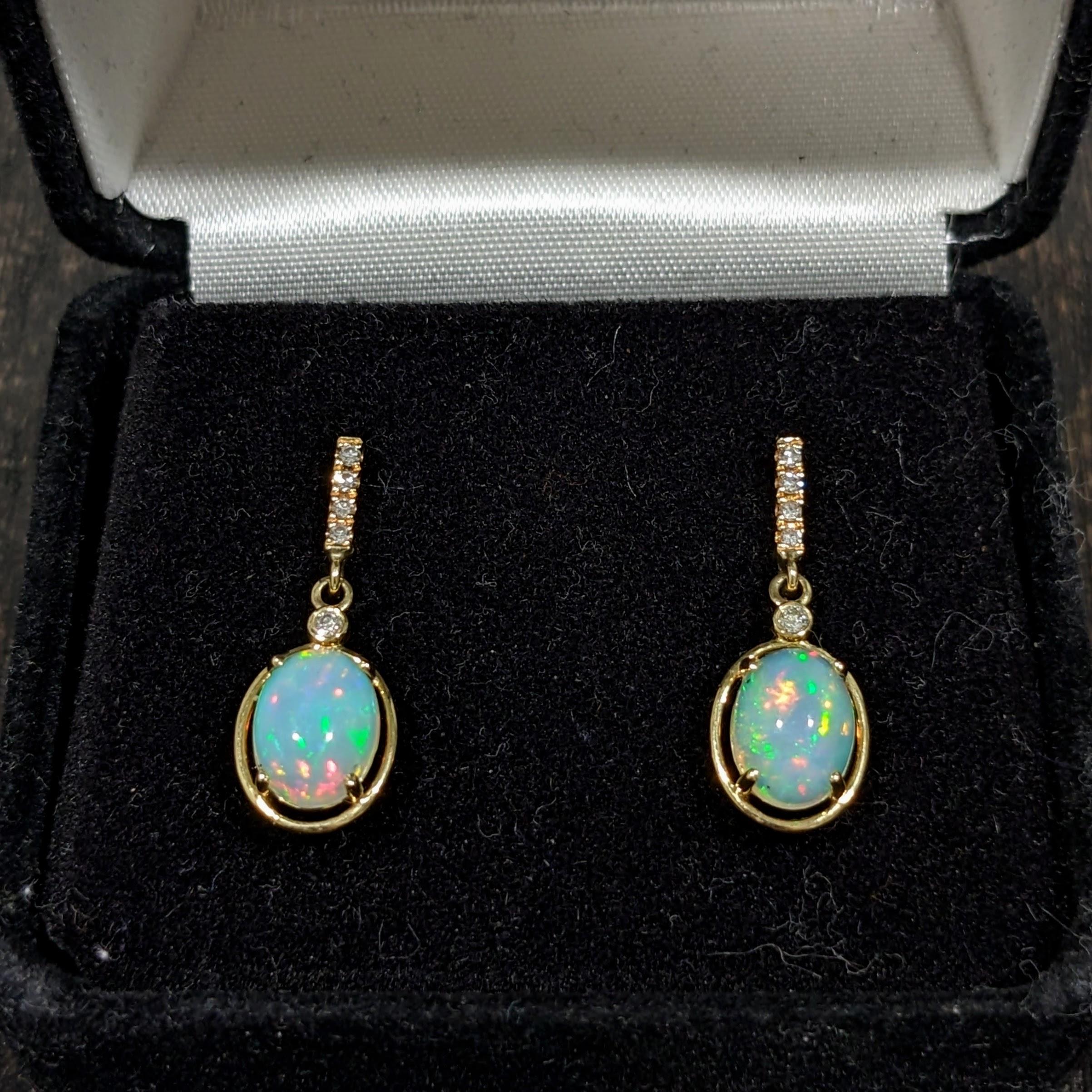 1.63ct Dangly Opal Drops w Diamond Accents in 14k Solid Yellow Gold Oval 10x8mm 1
