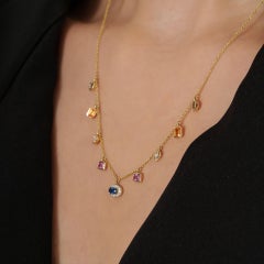 1.63ct Mixed Shape Rainbow Sapphire & Diamond Charm Necklace in 14K Yellow Gold