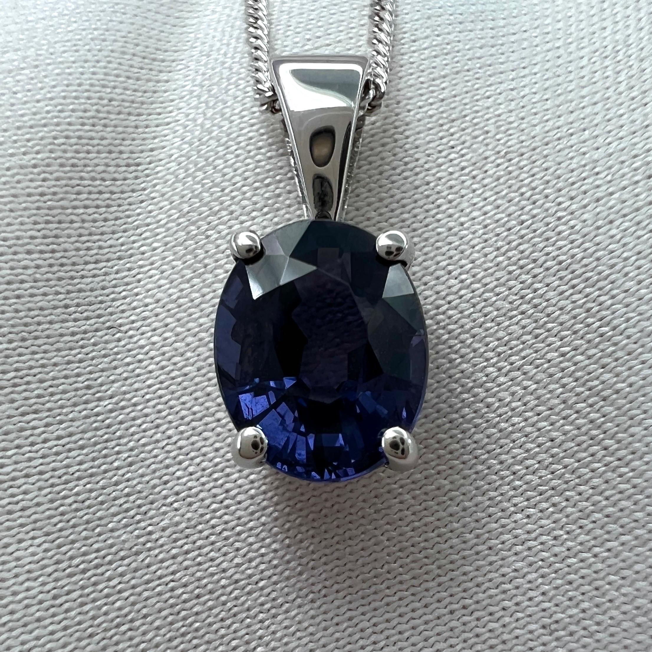 Vivid Purple Blue Spinel Oval Cut 18k White Gold Solitaire Pendant Necklace.

1.63 Carat spinel with a beautiful vivid blue purple colour. This spinel also has an excellent oval cut with very good clarity, a clean stone with only some small natural