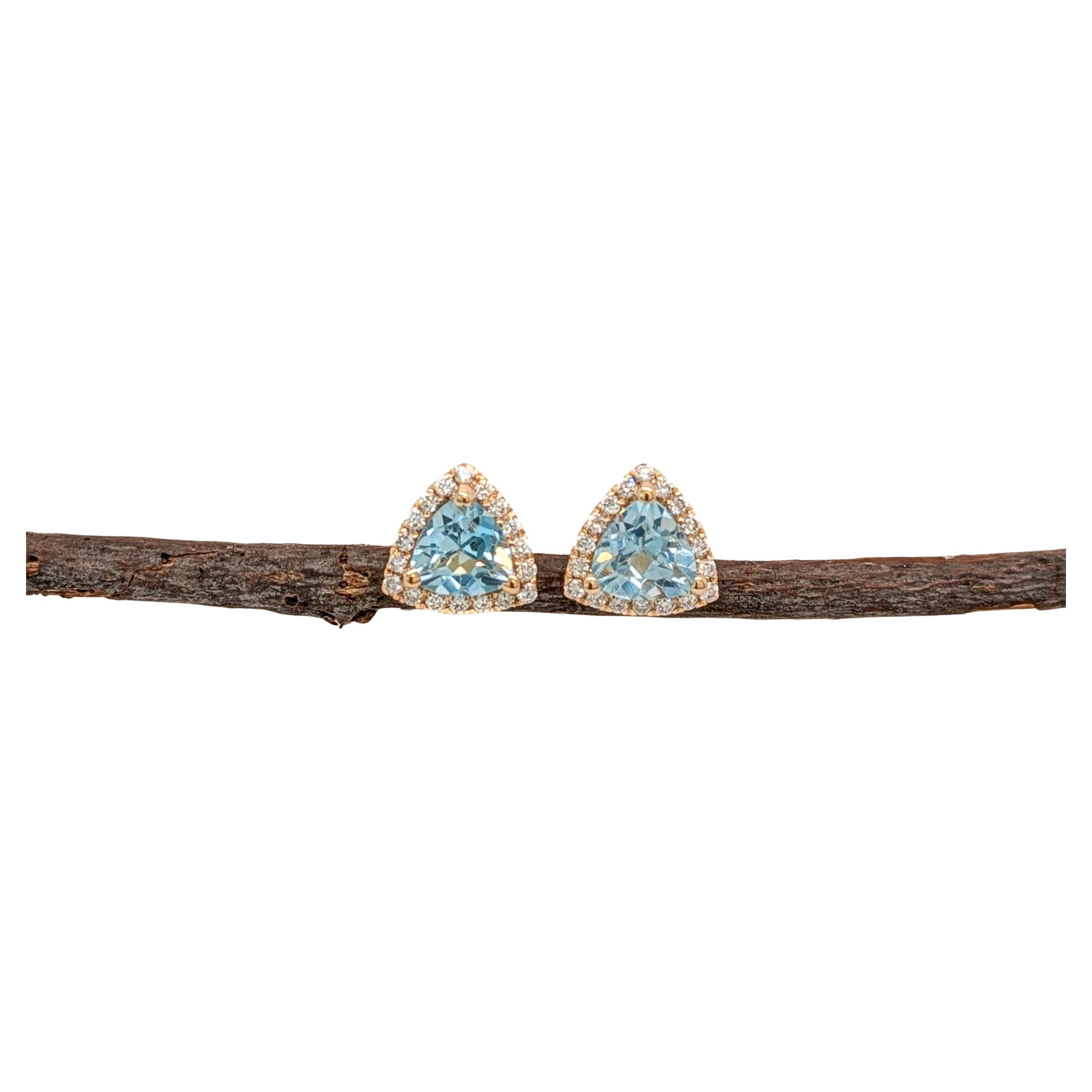 1.63ct Sky Blue Topaz Stud Earrings w Diamond Halo in 14K Solid Gold  TR 6mm For Sale