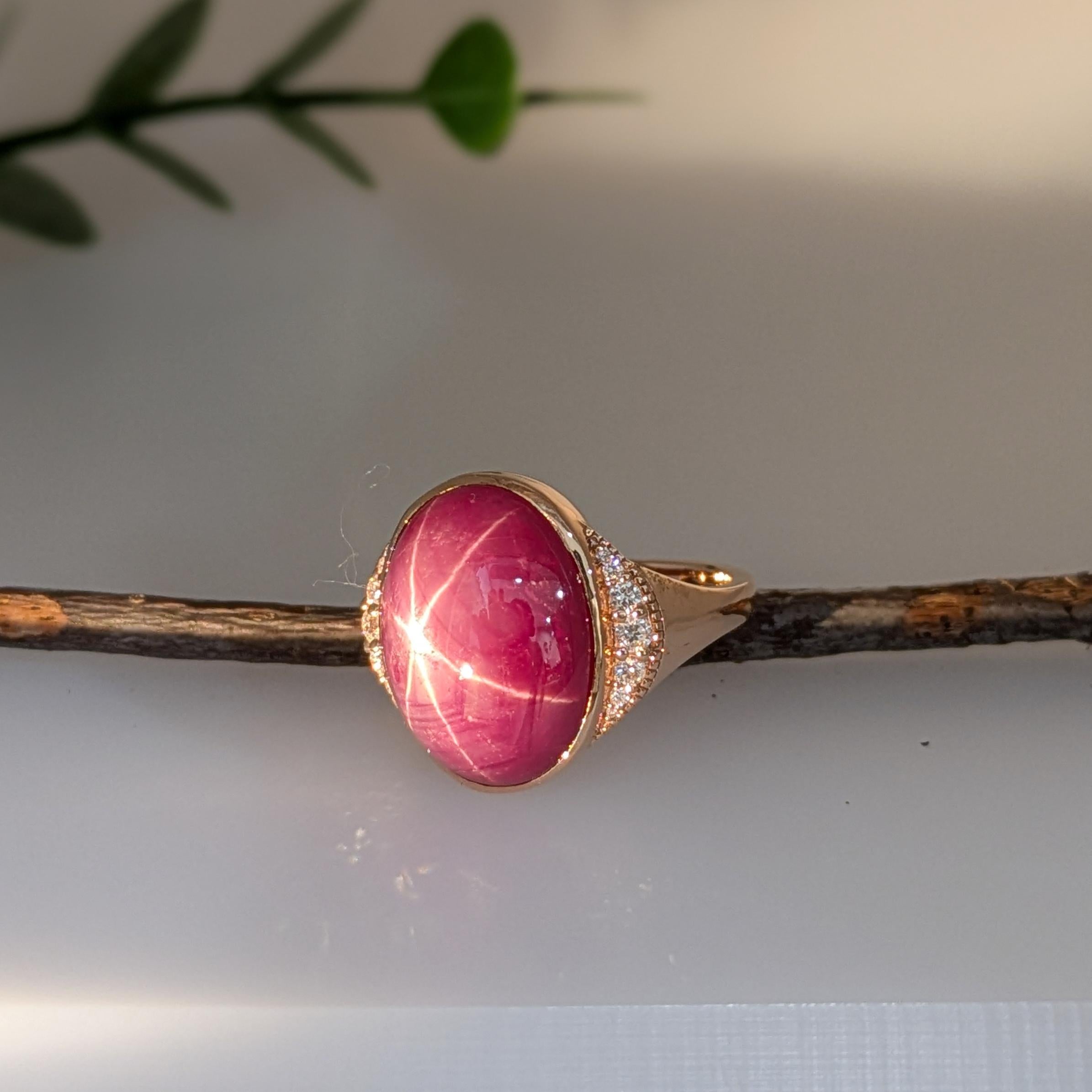 Oval Cut 16.3ct Star Ruby Ring w Natural Diamond Accents in Solid 14K Gold  OV 17x13mm