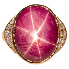 16.3ct Star Ruby Ring w Natural Diamond Accents in Solid 14K Gold  OV 17x13mm