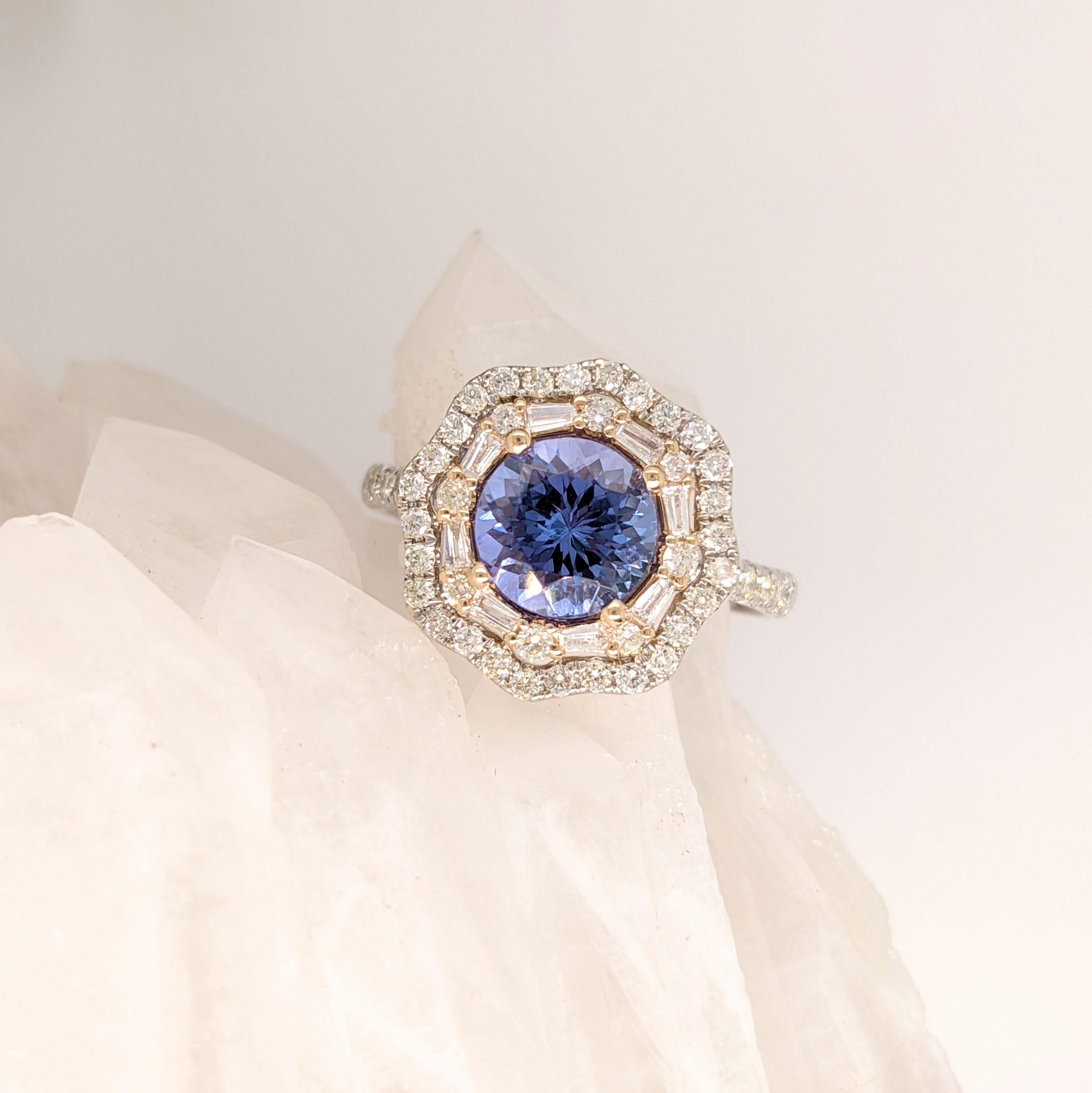 1.63ct Tanzanite Ring w Diamond Double Halo in 14K Dual Tone Gold Round 7.5mm In New Condition For Sale In Columbus, OH