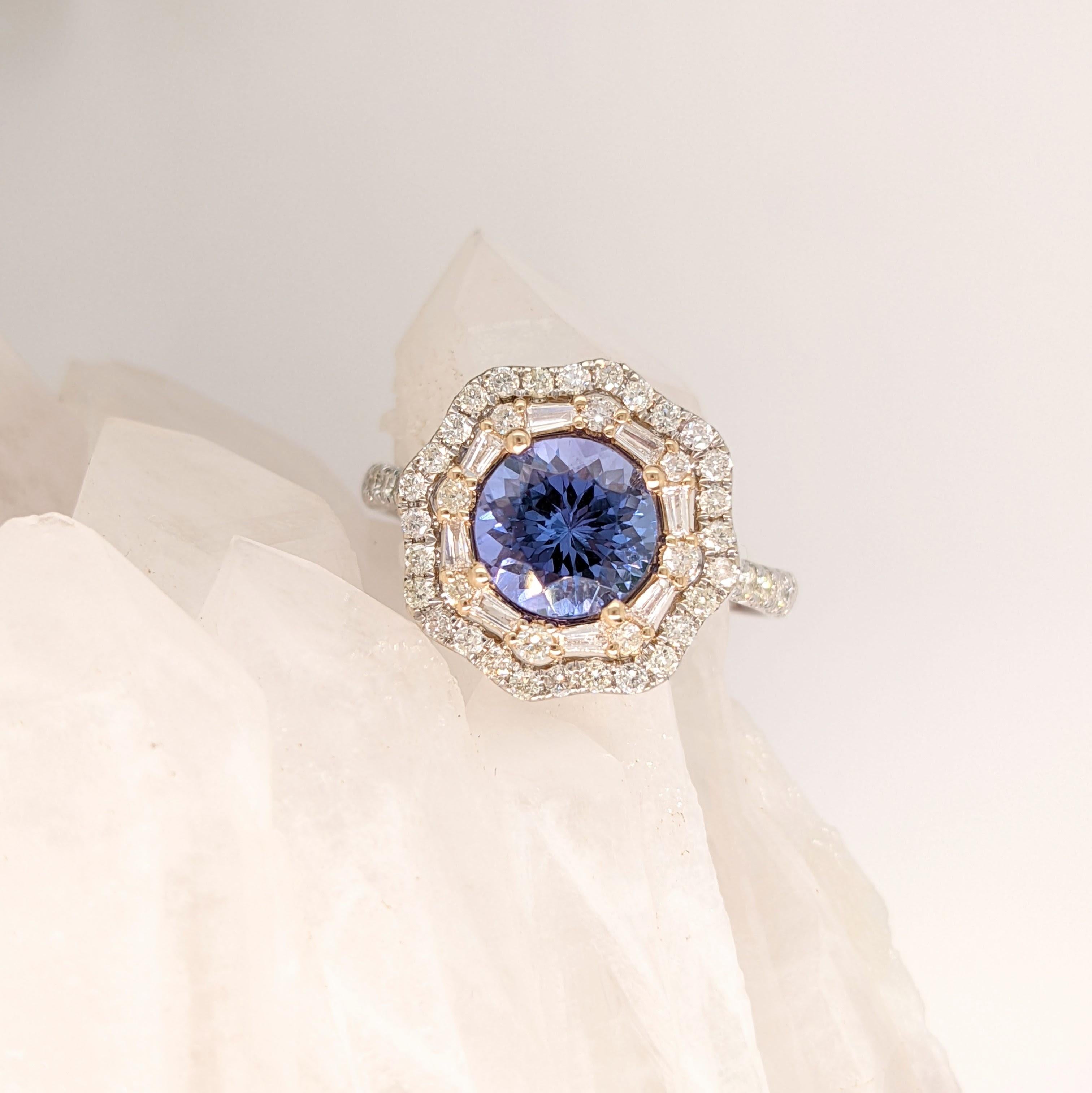 1.63ct Tanzanite Ring w Diamond Double Halo in 14K Dual Tone Gold Round 7.5mm Neuf - En vente à Columbus, OH