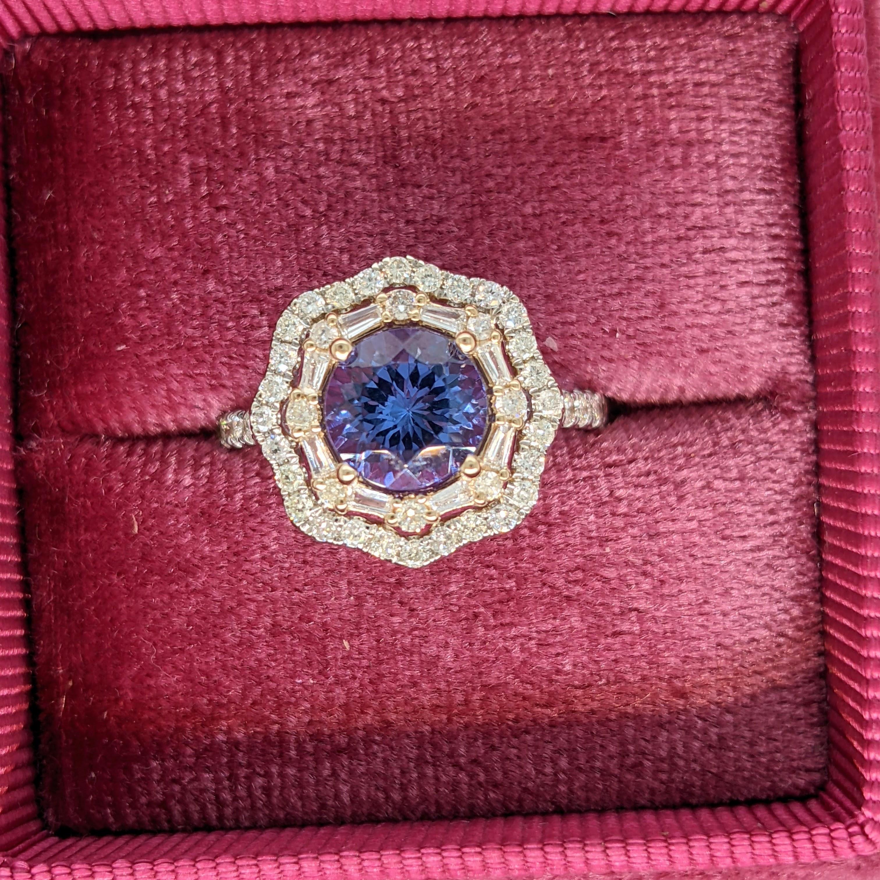 1.63ct Tanzanite Ring w Diamond Double Halo in 14K Dual Tone Gold Round 7.5mm Pour femmes en vente