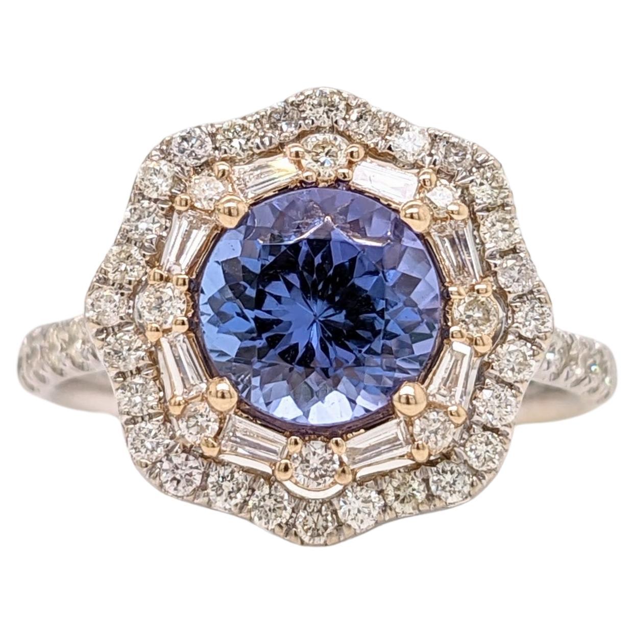 1.63ct Tanzanite Ring w Diamond Double Halo in 14K Dual Tone Gold Round 7.5mm For Sale