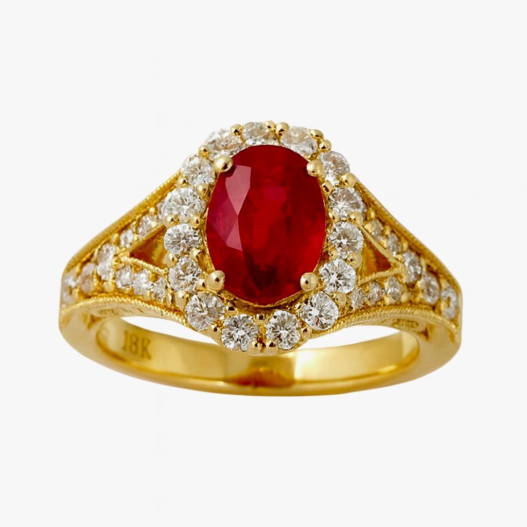 da uomo o donna Anello con rubino rosso vivo da 1,63 carati e diamante da 1,25 carati - oro giallo 18 carati - Ovale R in vendita