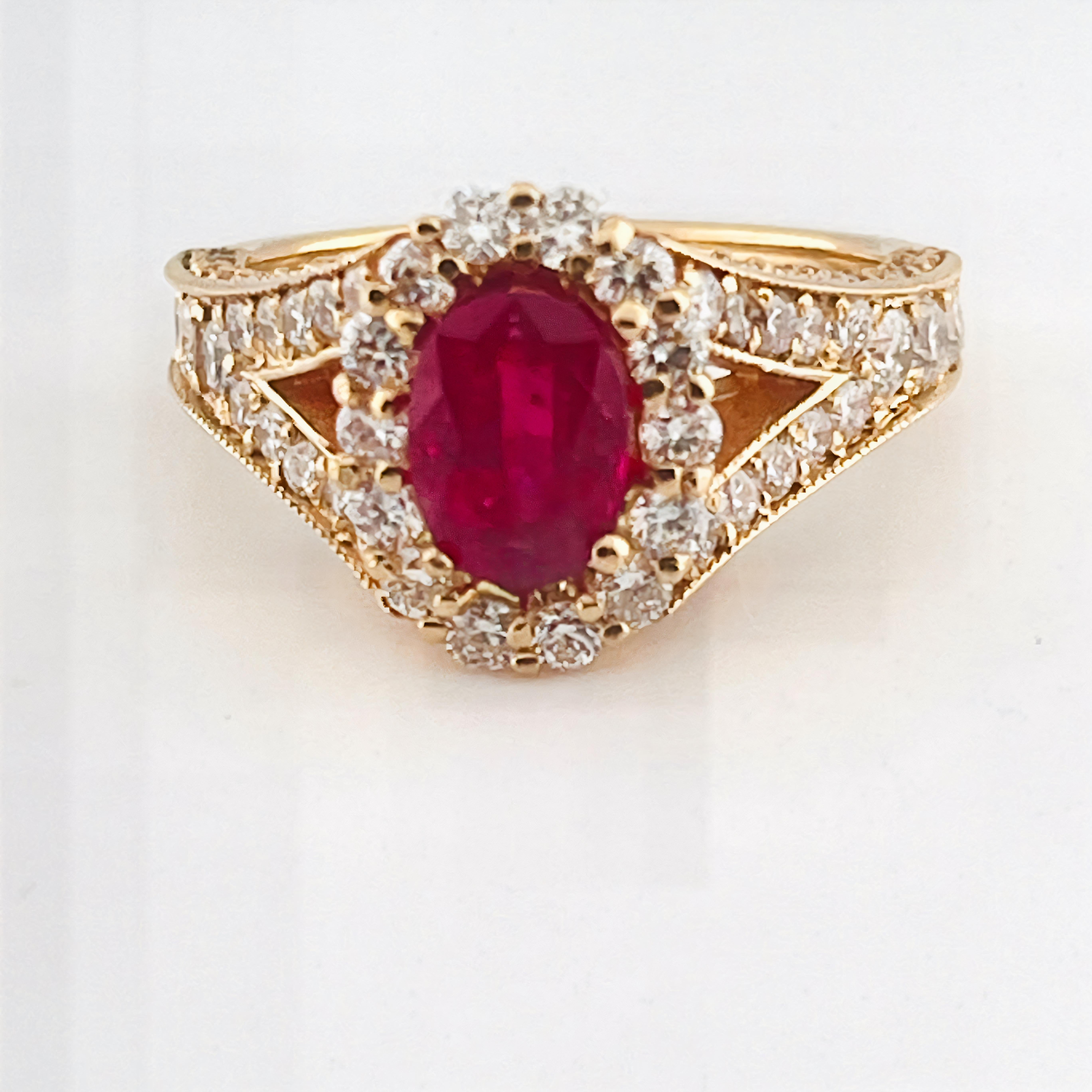 1.63ct Vivid Red Ruby & 1.25ct Diamond Statement Ring • 18K Yellow Gold • Oval R