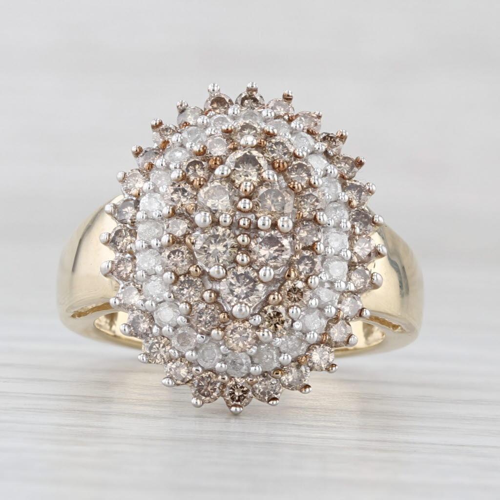 Round Cut 1.63ctw Champagne White Diamond Cluster Ring 10k Yellow Gold Size 8.25 Cocktail For Sale