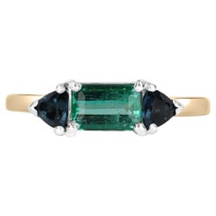 1.63tcw 14K Colombian Emerald-Emerald Cut & Blue Sapphire Three Stone Ring