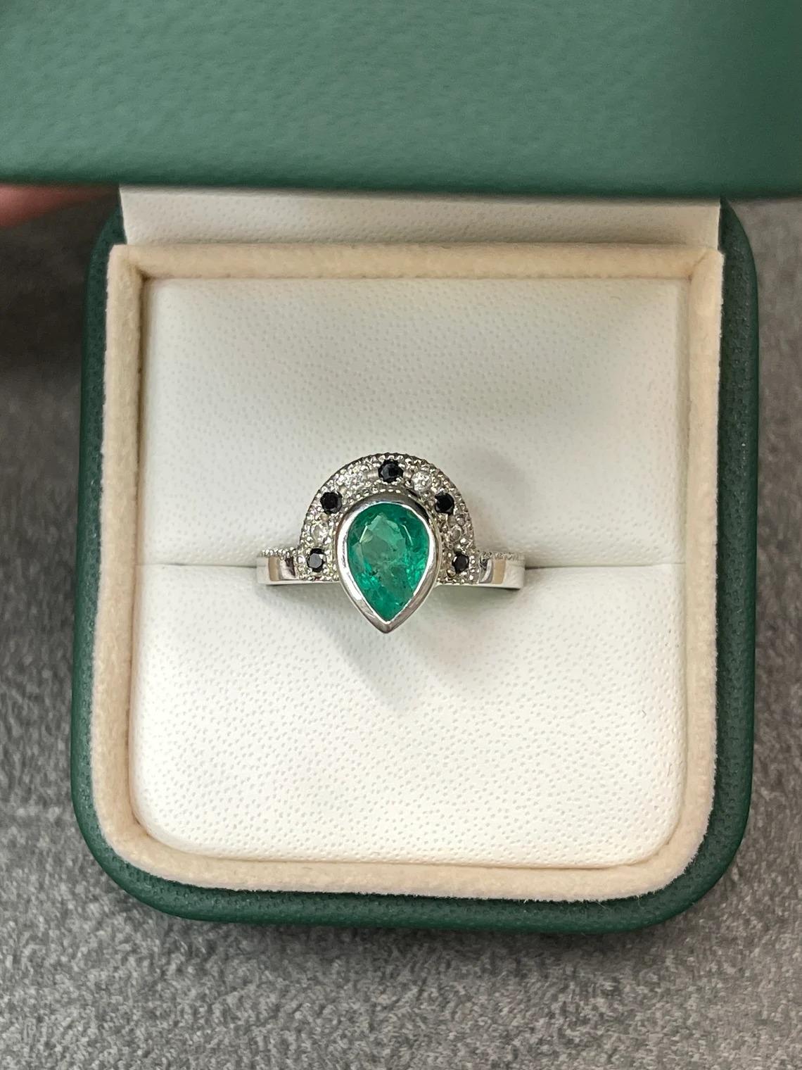 Modern 1.63tcw 14K Colombian Emerald-Pear Cut & White/Black Diamond Tiara Ring For Sale